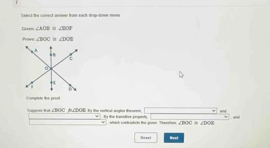 select the correct answer from each drop - down menu given: $\\angle ao…