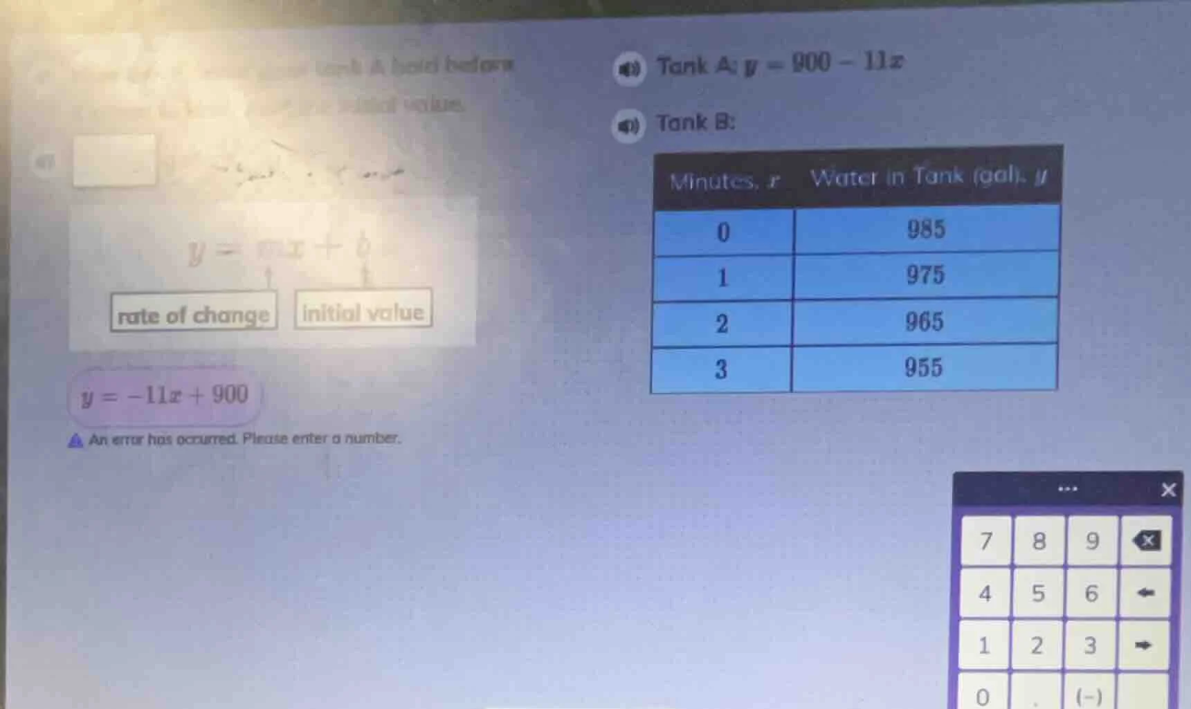tank a: y = 900 - 11x; tank b: (table with minutes, x and water in tank…