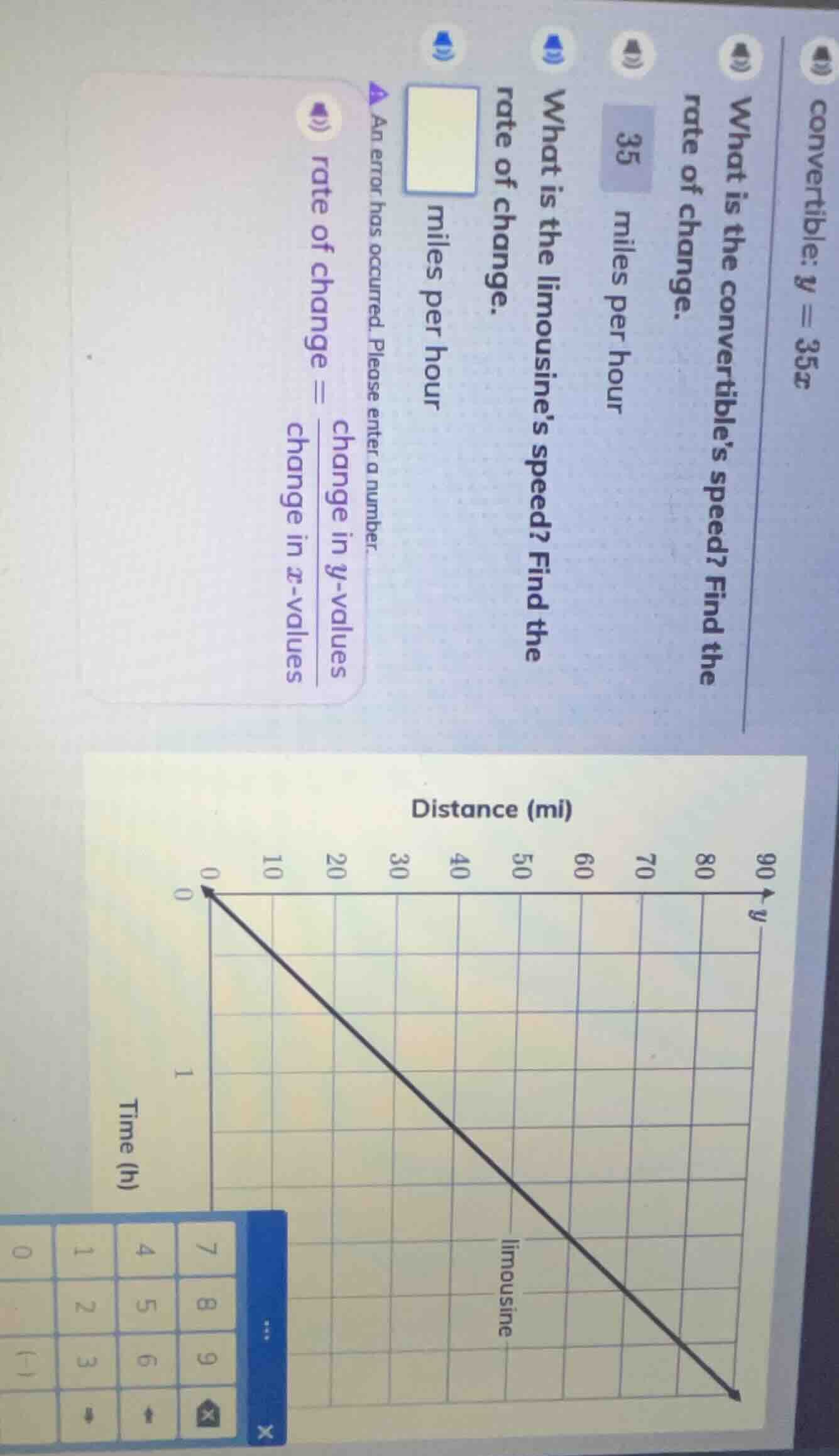 convertible: y = 35x what is the convertible’s speed? find the rate of …