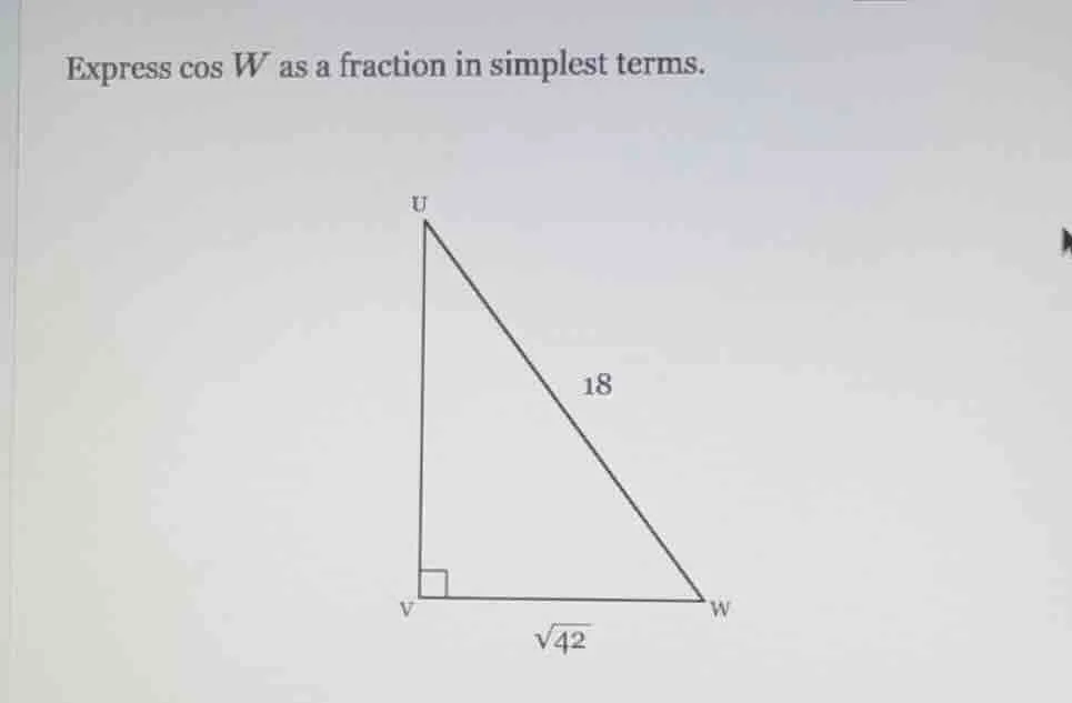 express \\(\\cos w\\) as a fraction in simplest terms. triangle image w…