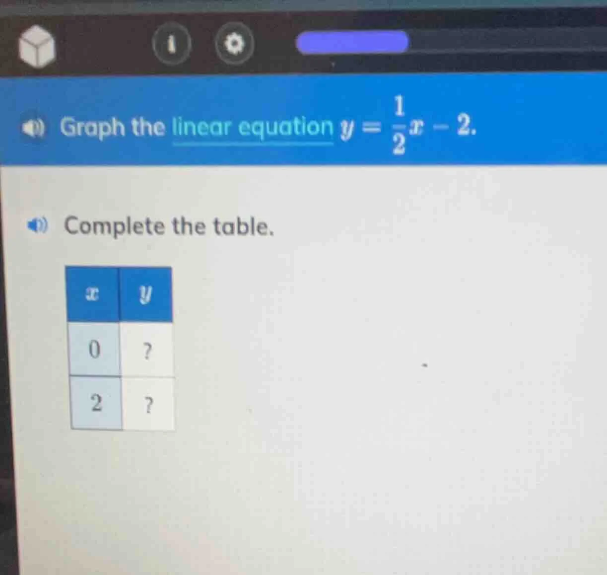 graph the linear equation $y = \\frac{1}{2}x - 2$. complete the table. …