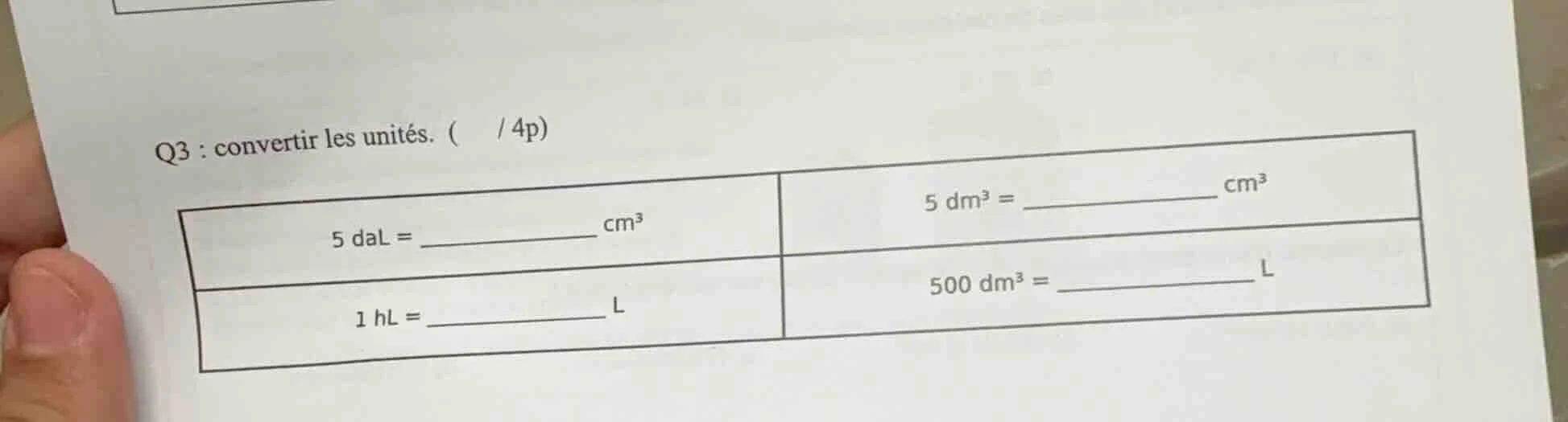 q3 : convertir les unités. ( / 4p) 5 dal = ____________ cm³\t5 dm³ = __…