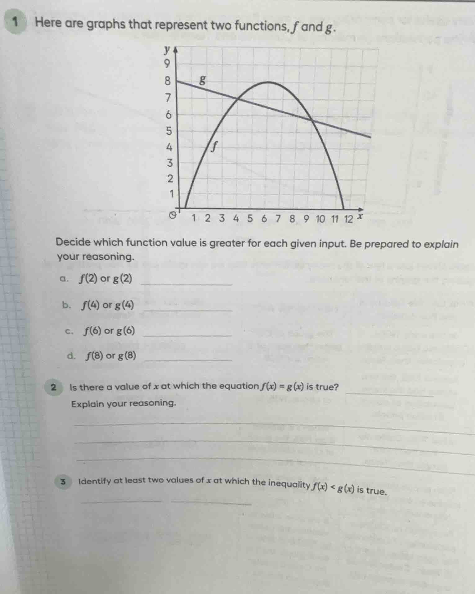 1 here are graphs that represent two functions, f and g. decide which f…