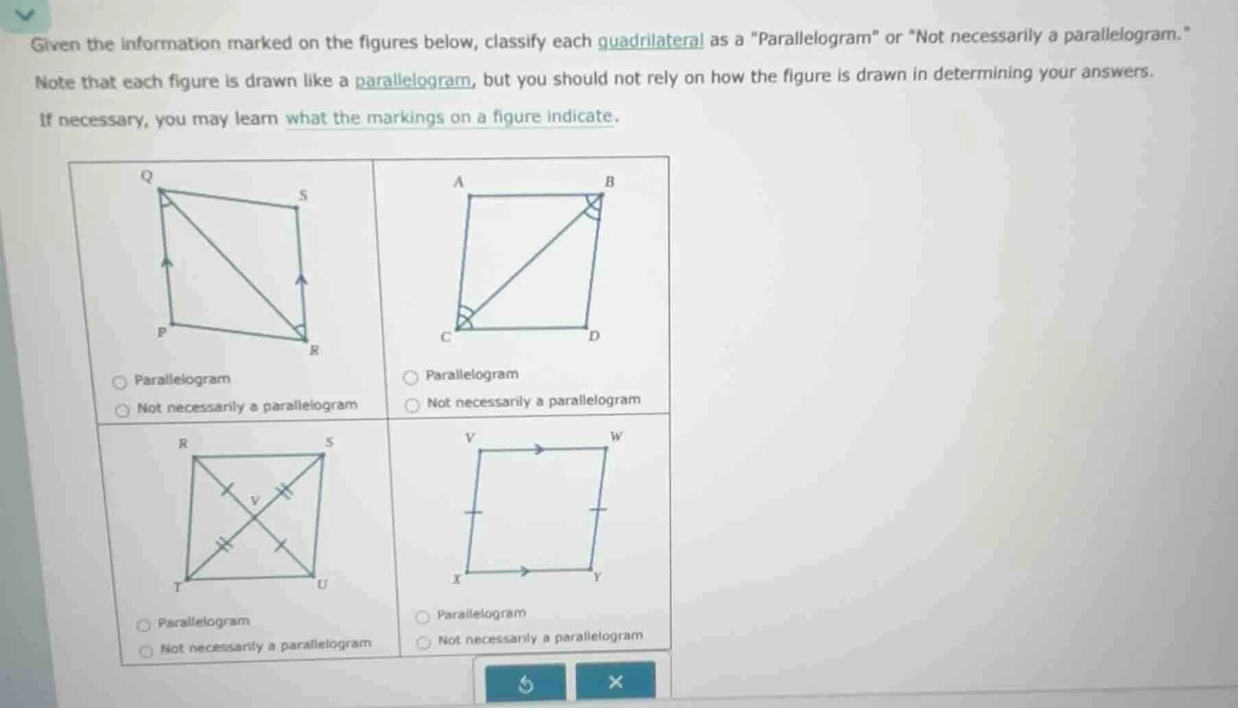 given the information marked on the figures below, classify each quadri…