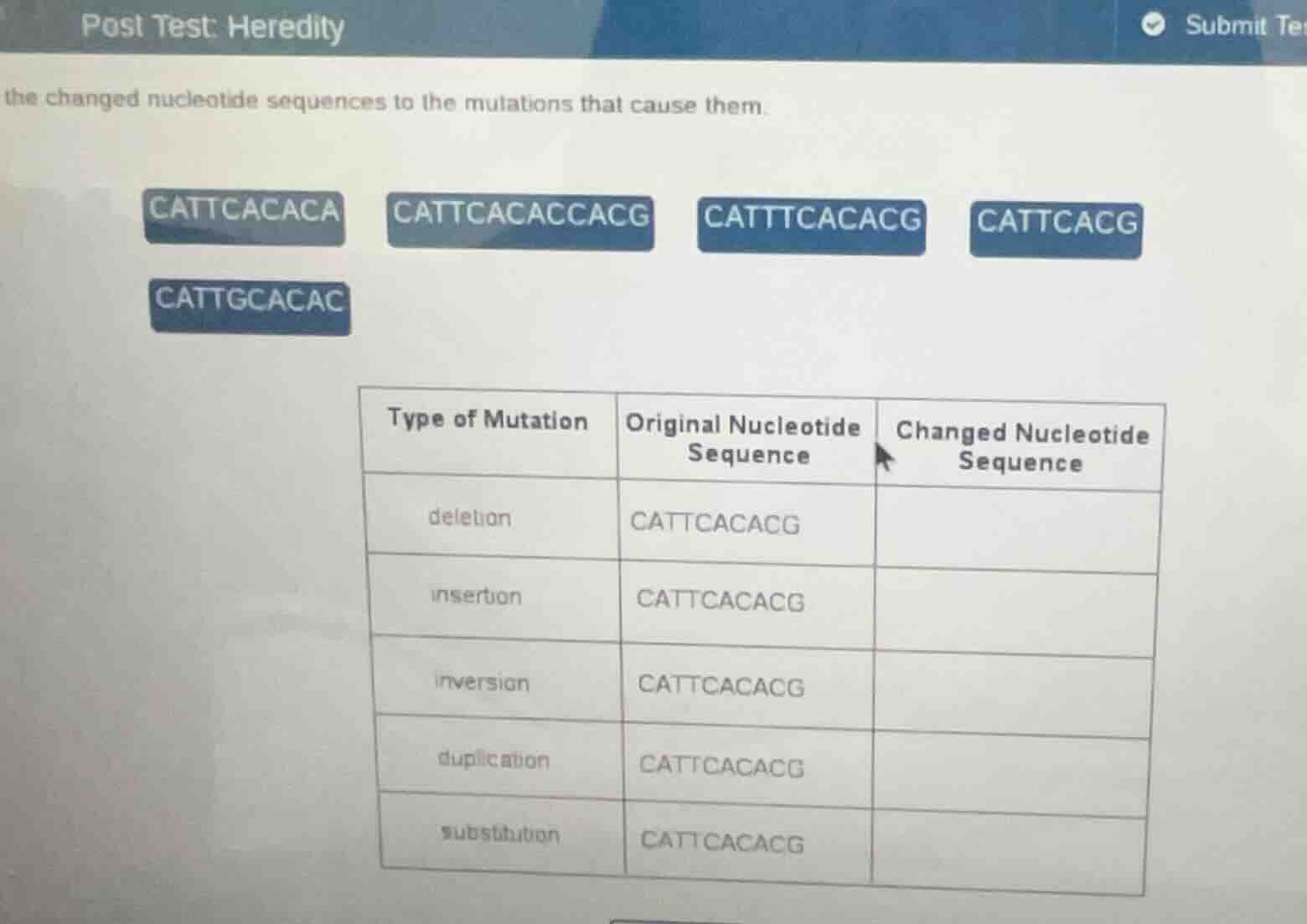 post test: heredity the changed nucleotide sequences to the mutations t…