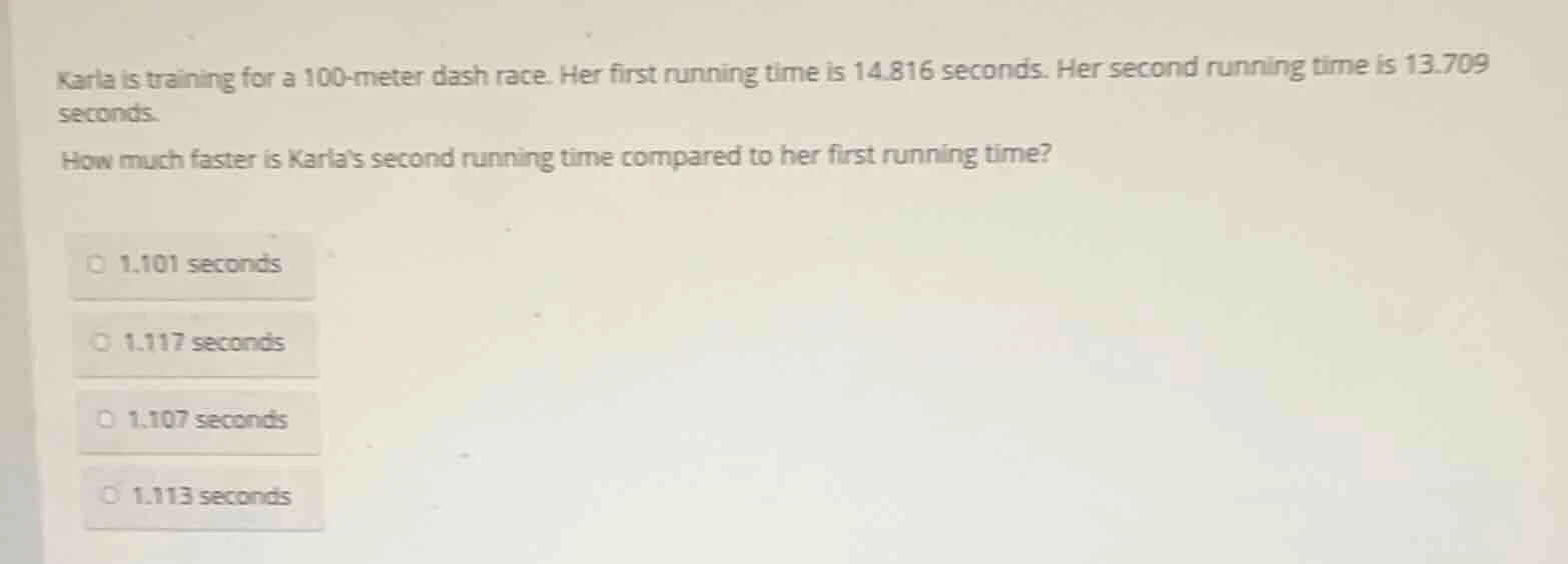 karla is training for a 100-meter dash race. her first running time is …