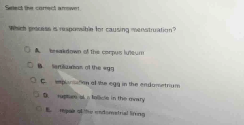select the correct answer. which process is responsible for causing men…