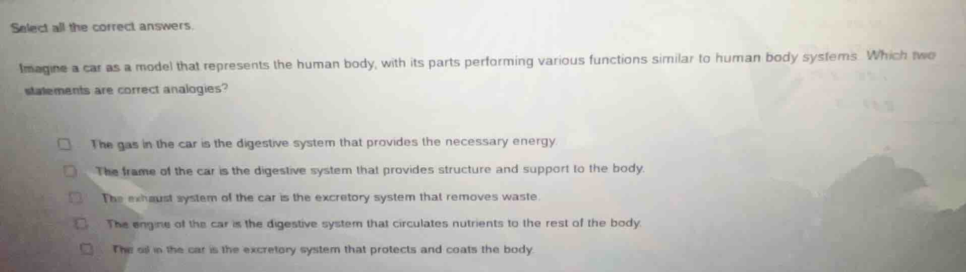 select all the correct answers. imagine a car as a model that represent…