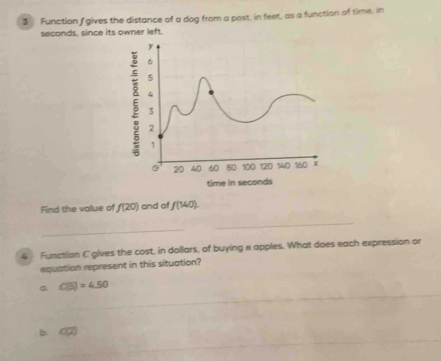 3 function f gives the distance of a dog from a post, in feet, as a fun…