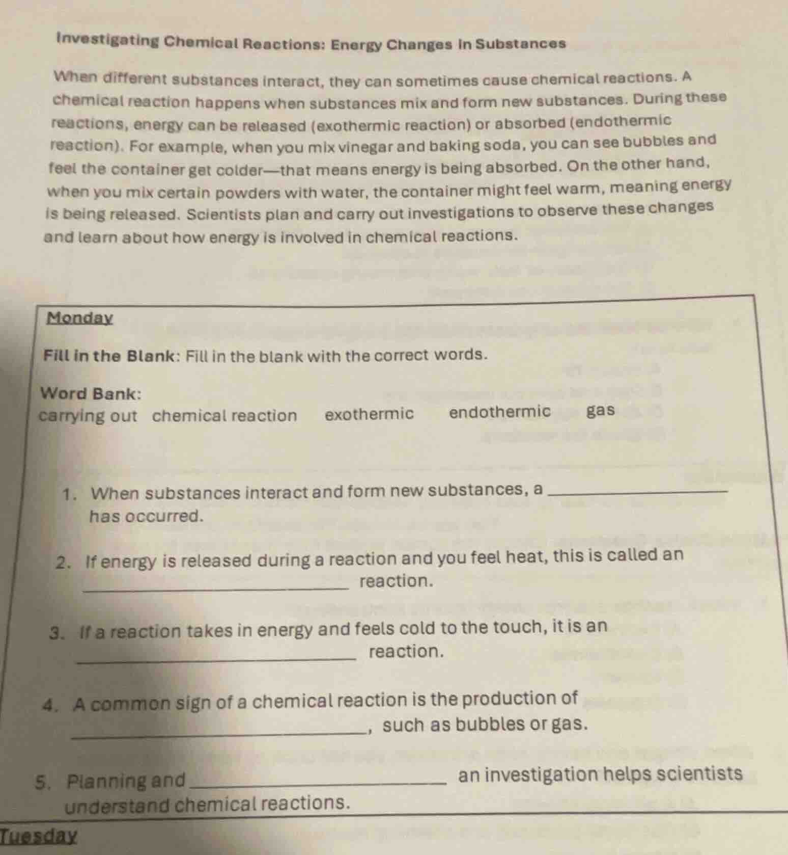 investigating chemical reactions: energy changes in substances when dif…