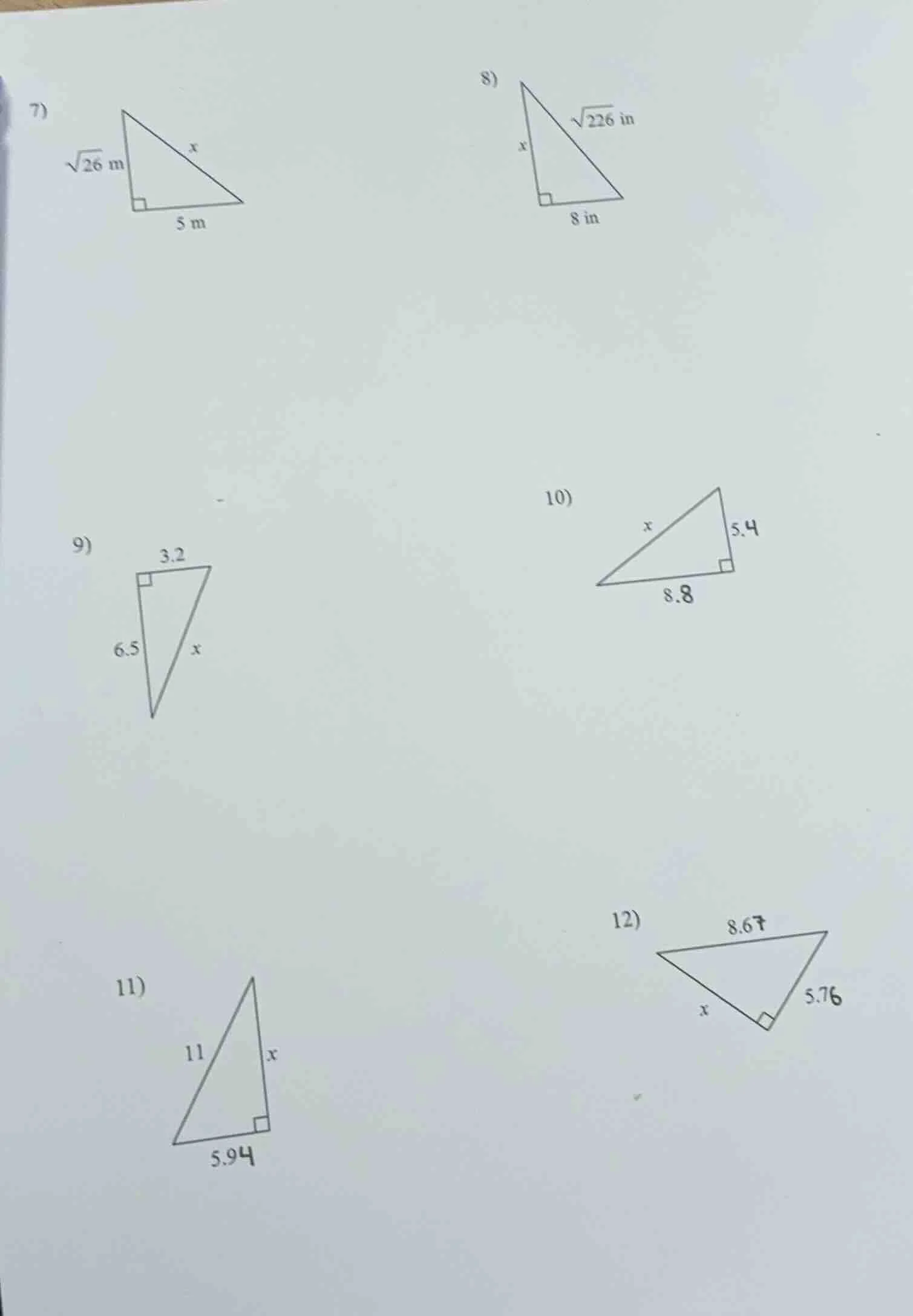 7) right triangle with one leg (sqrt{26}) m, another leg 5 m, hypotenus…