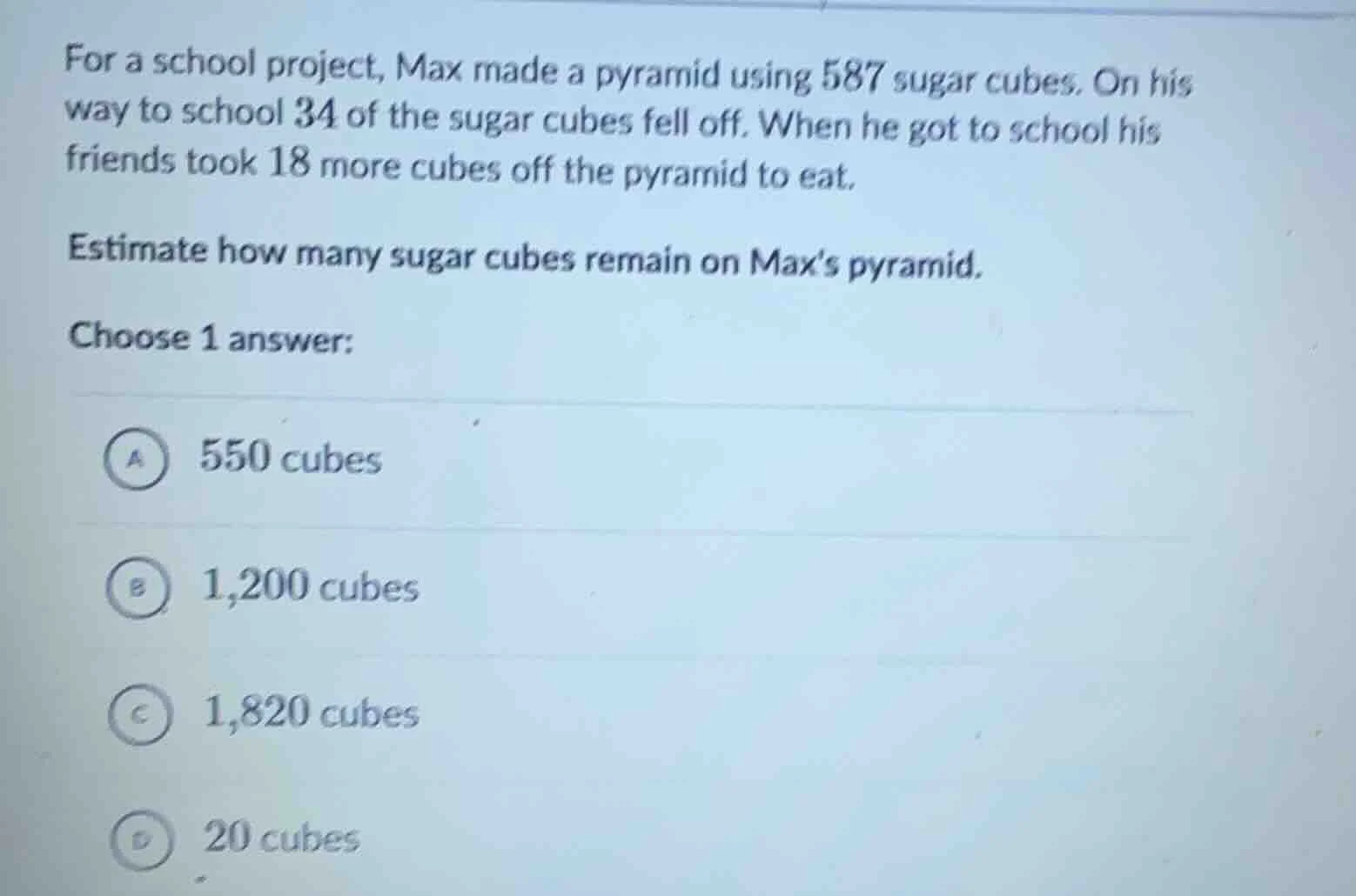 for a school project, max made a pyramid using 587 sugar cubes. on his …