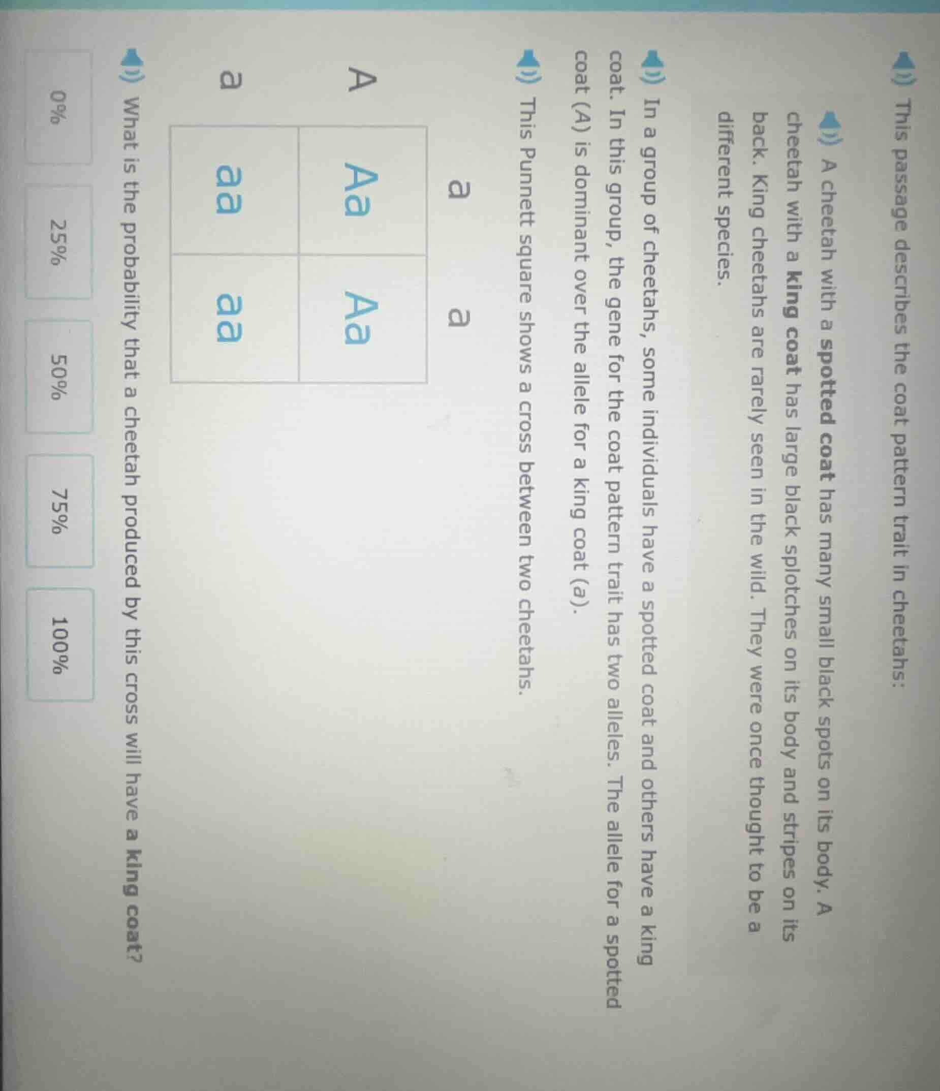 this passage describes the coat pattern trait in cheetahs: a cheetah wi…