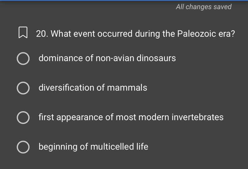 20. what event occurred during the paleozoic era? dominance of non - av…
