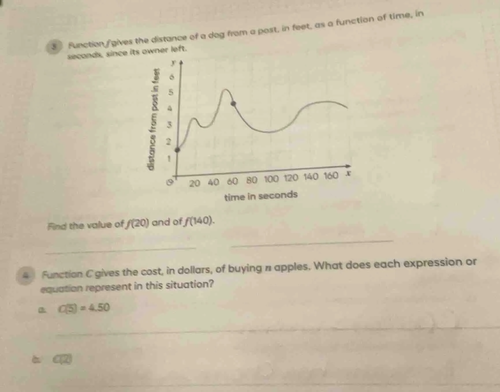 3 function f gives the distance of a dog from a post, in feet, as a fun…