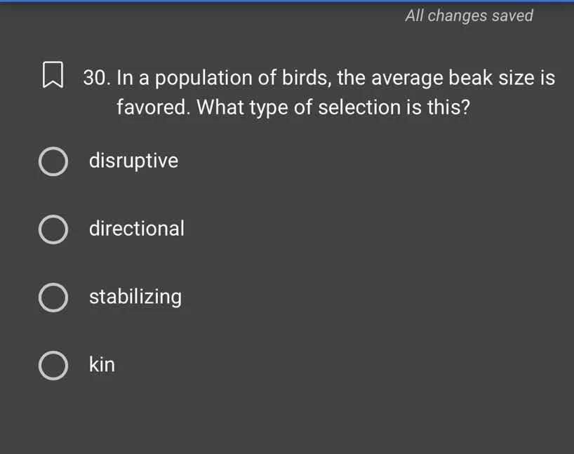 30. in a population of birds, the average beak size is favored. what ty…