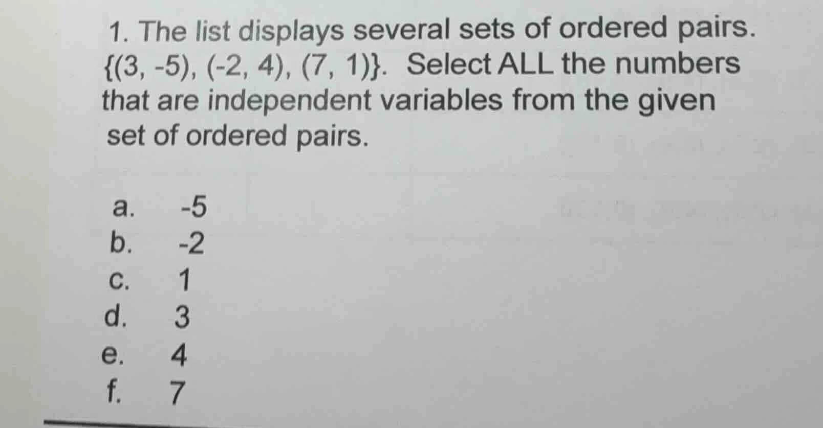 1. the list displays several sets of ordered pairs. {(3, -5), (-2, 4), …