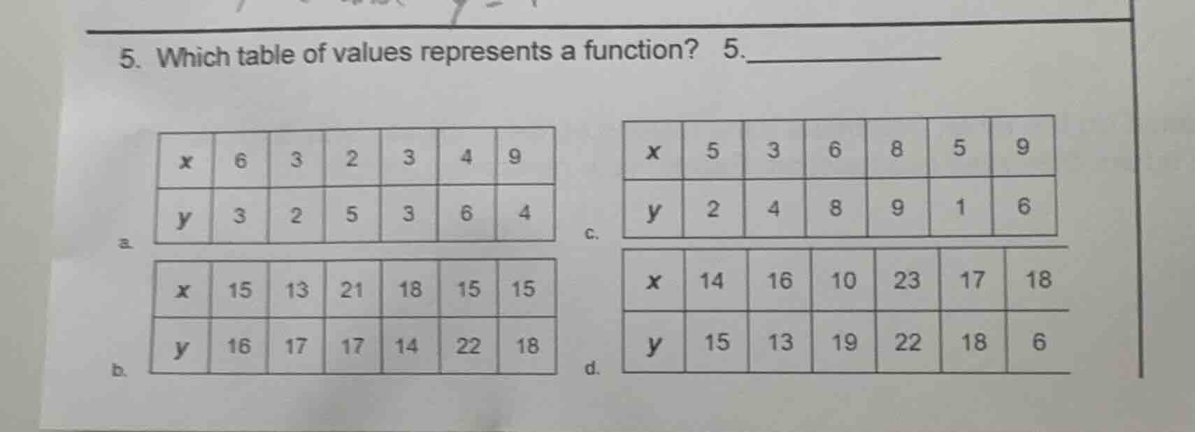 5. which table of values represents a function? 5. a. | x | 6 | 3 | 2 |…