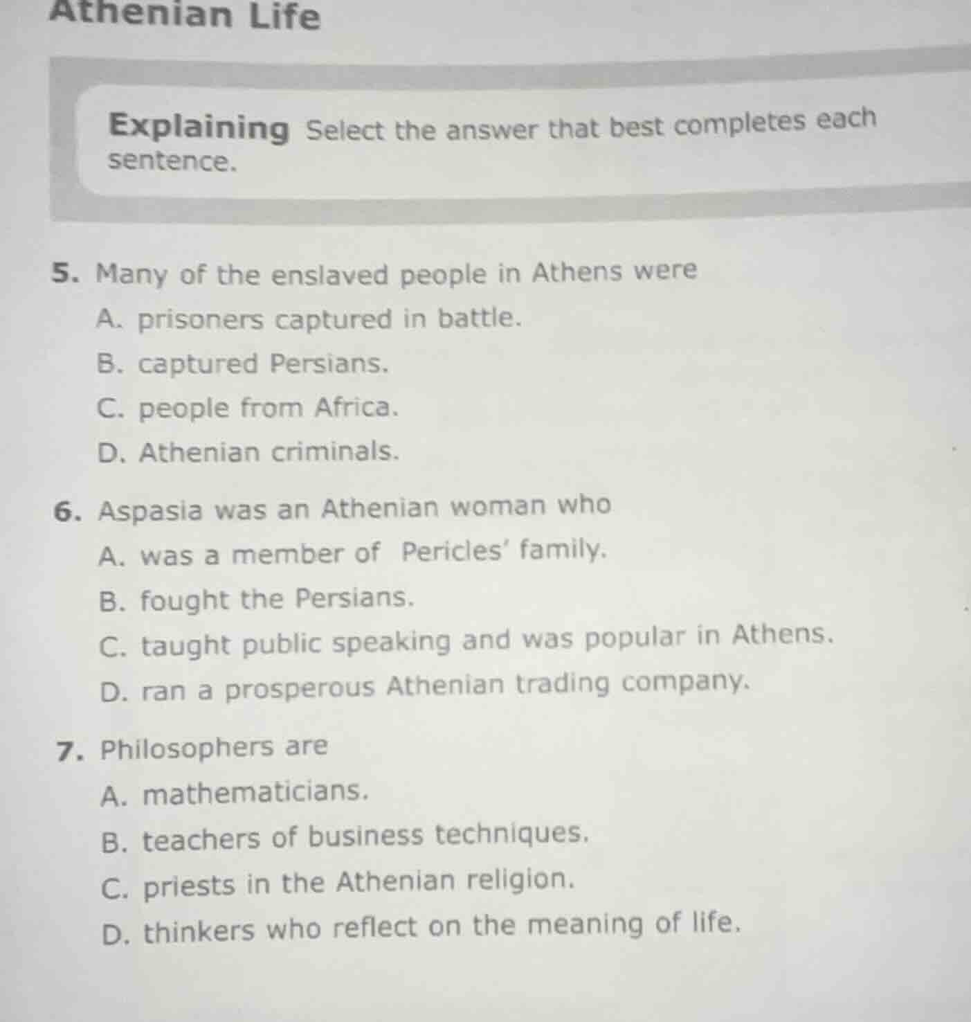 athenian life explaining select the answer that best completes each sen…