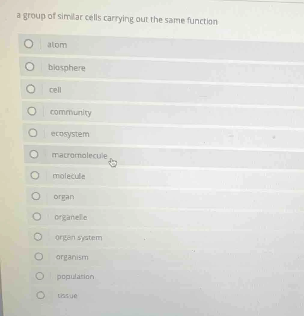a group of similar cells carrying out the same function atom biosphere …
