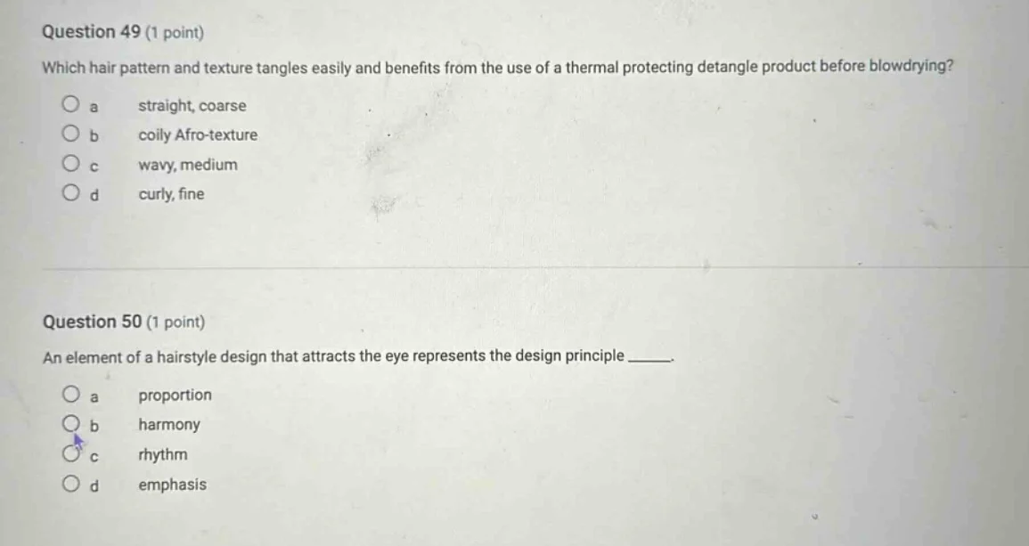 question 49 (1 point) which hair pattern and texture tangles easily and…