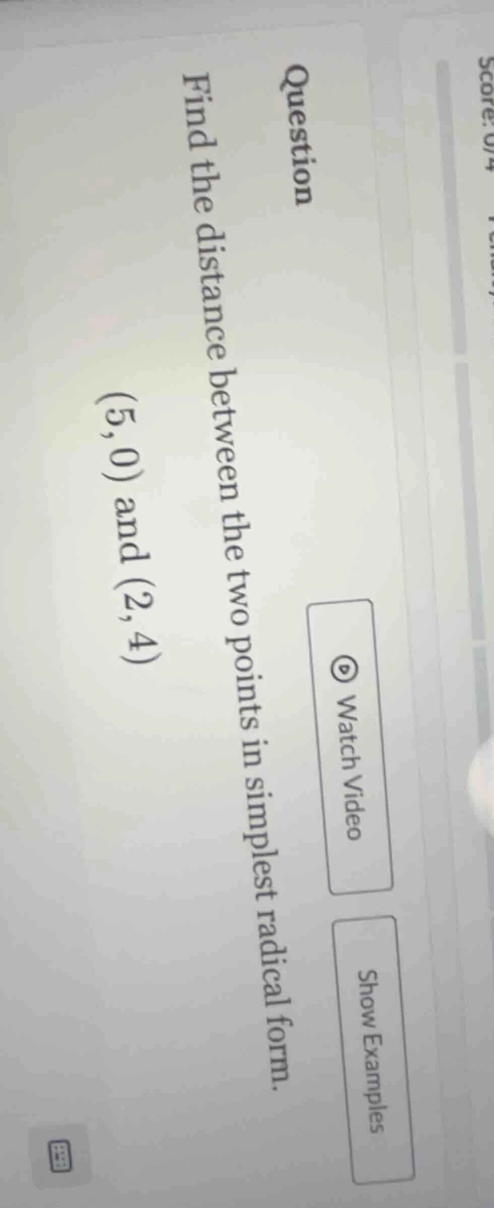 question find the distance between the two points in simplest radical f…