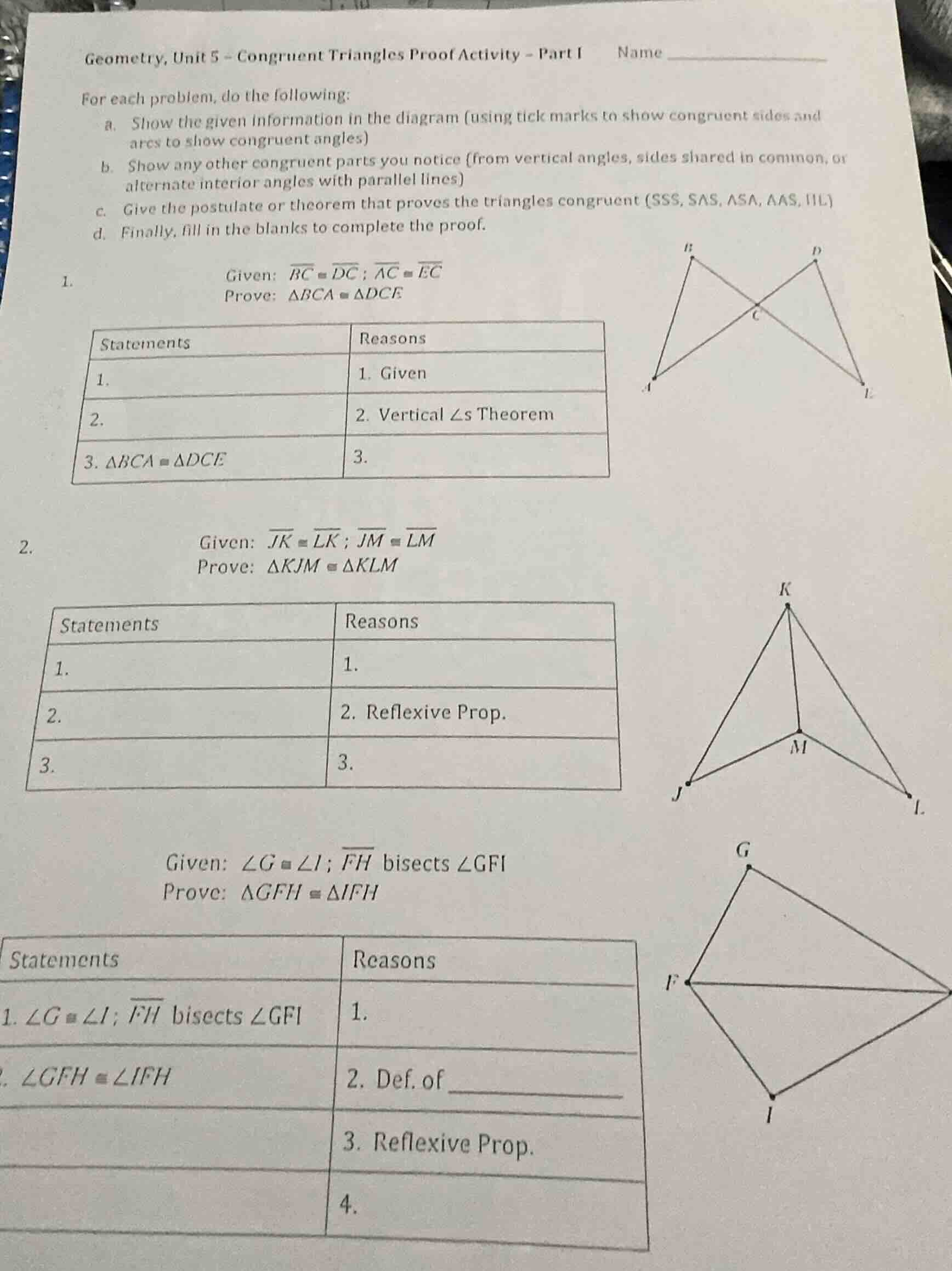 geometry, unit 5 - congruent triangles proof activity - part i name for…