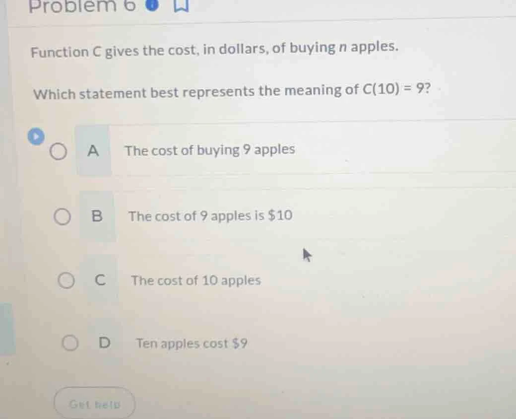 problem 6 function c gives the cost, in dollars, of buying n apples. wh…