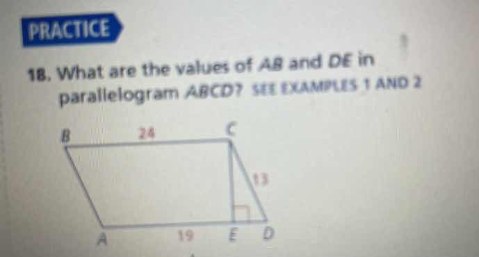 practice 18. what are the values of ab and de in parallelogram abcd? se…
