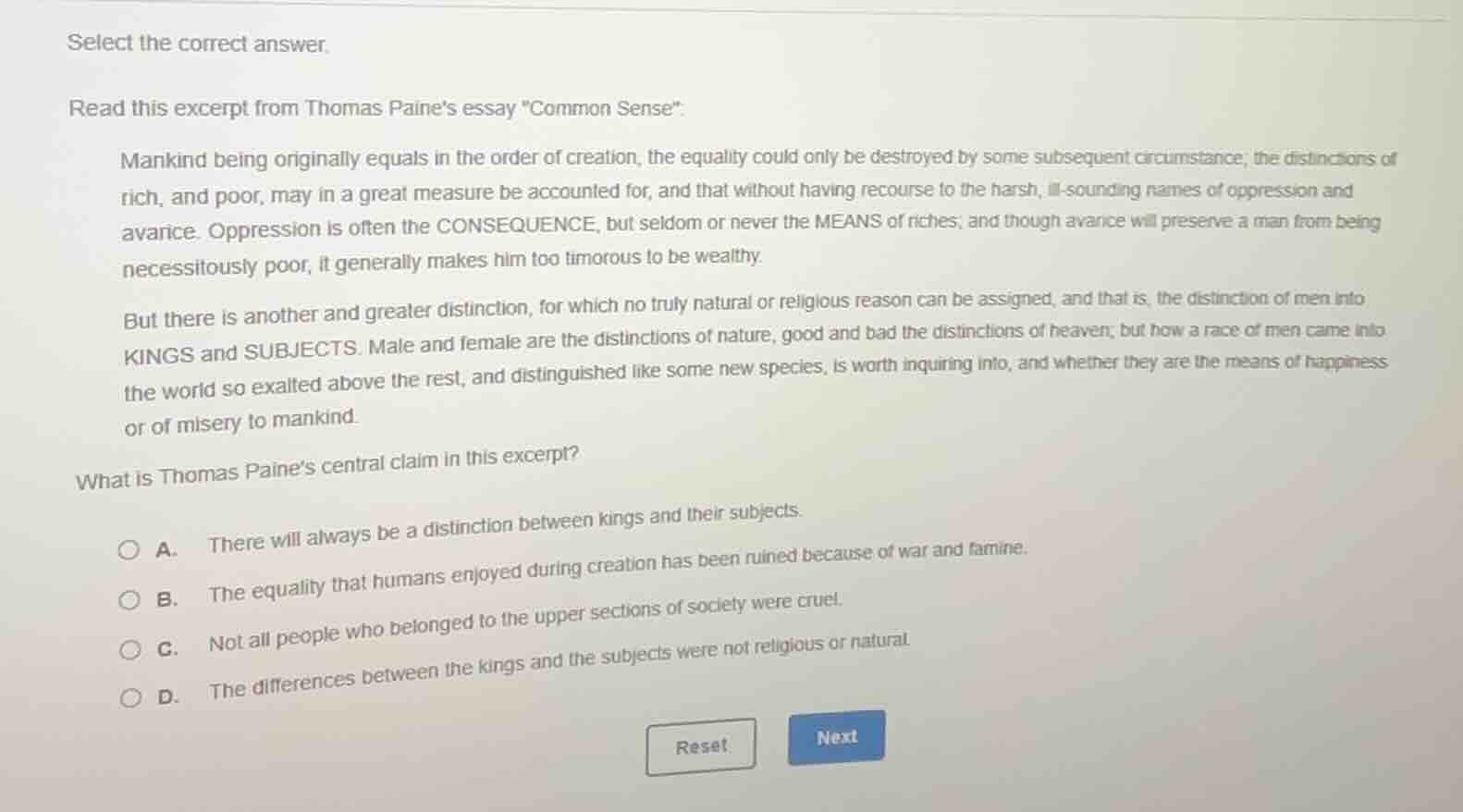 select the correct answer. read this excerpt from thomas paines essay \…