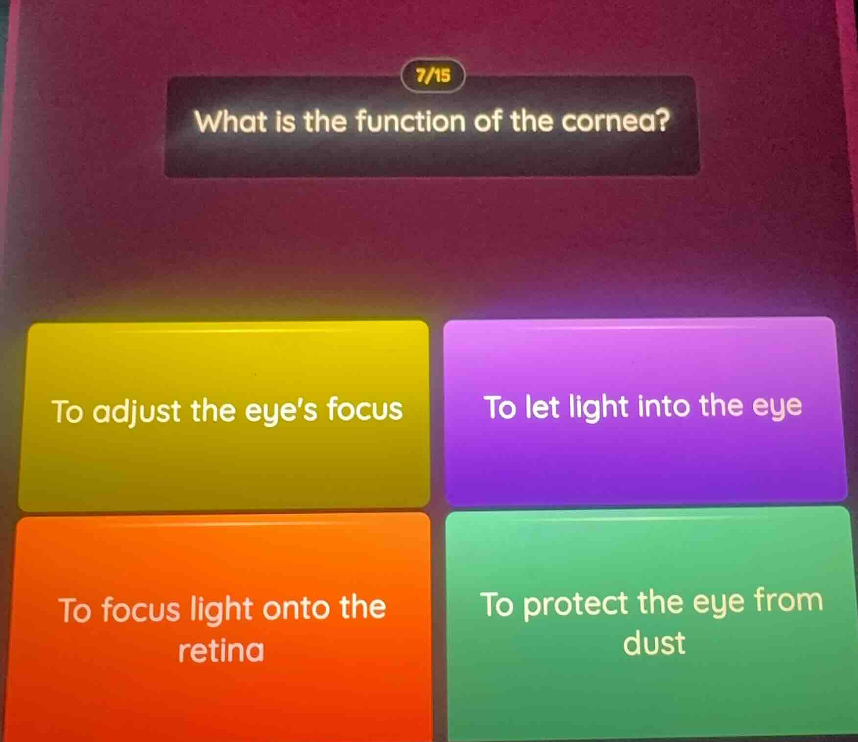 7/15 what is the function of the cornea? to adjust the eyes focus to le…