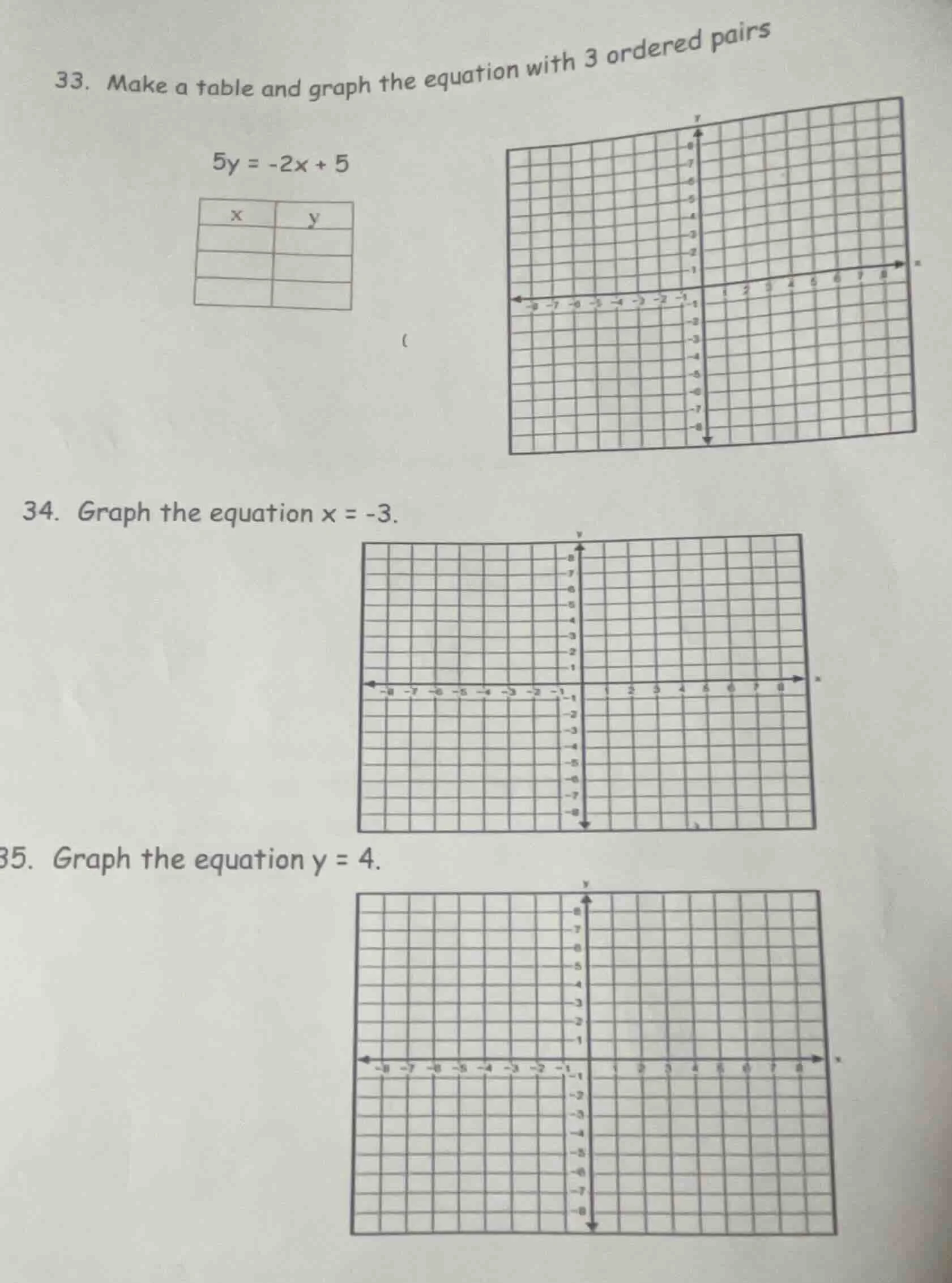 33. make a table and graph the equation with 3 ordered pairs 5y = -2x +…