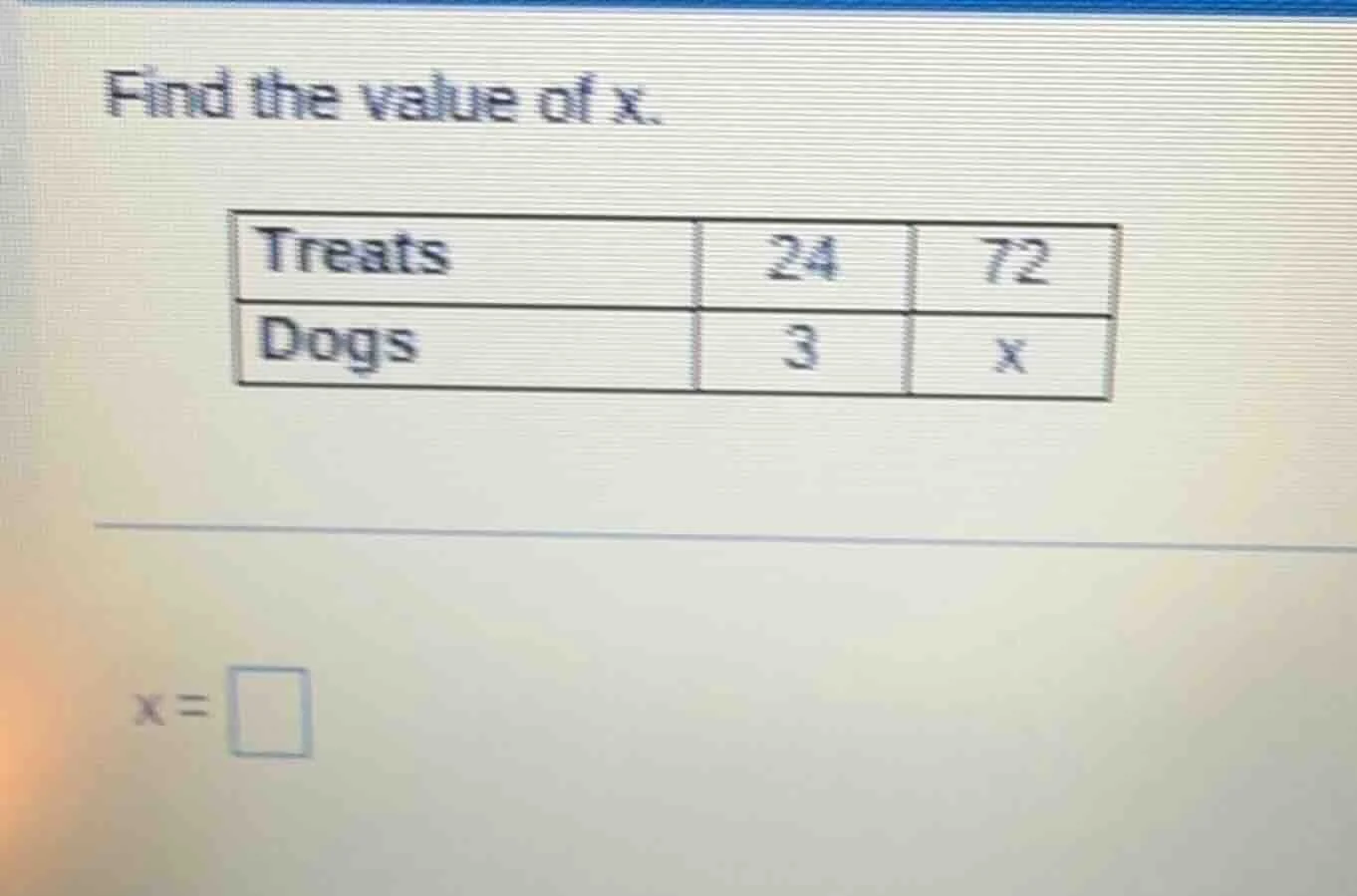 find the value of x. | treats | 24 | 72 | | ------ | -- | -- | | dogs |…