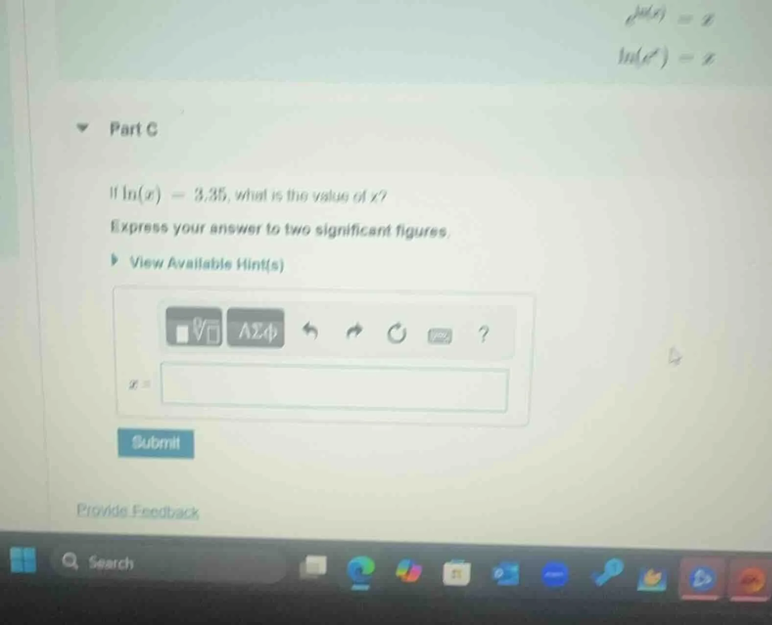 part c if \\( \\ln(x) = 3.35 \\), what is the value of \\( x \\)? expre…