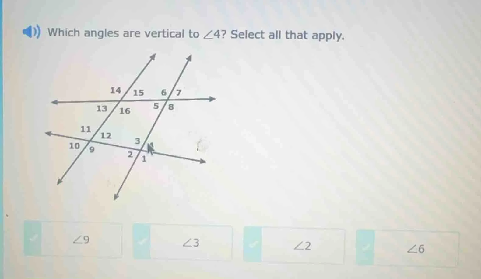 which angles are vertical to \\(\\angle 4\\)? select all that apply. im…