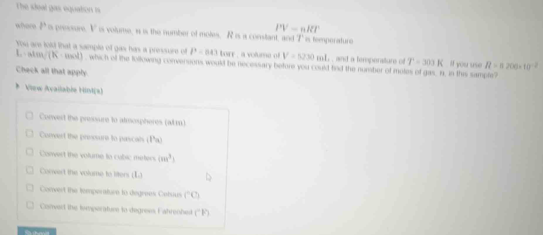 the ideal gas equation is $$pv = nrt$$ where $p$ is pressure, $v$ is vo…