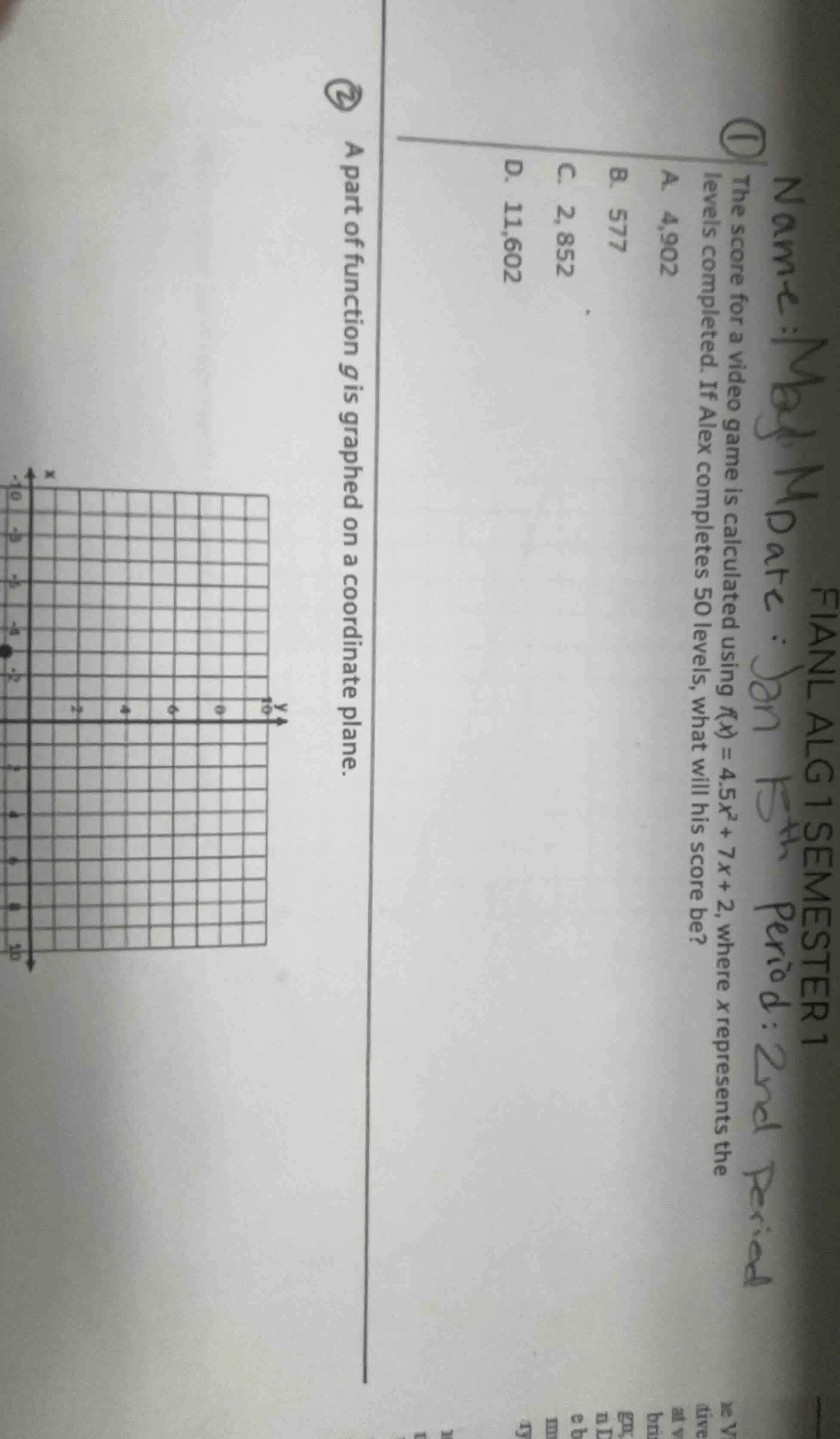 1 the score for a video game is calculated using f(x) = 4.5x² + 7x + 2,…