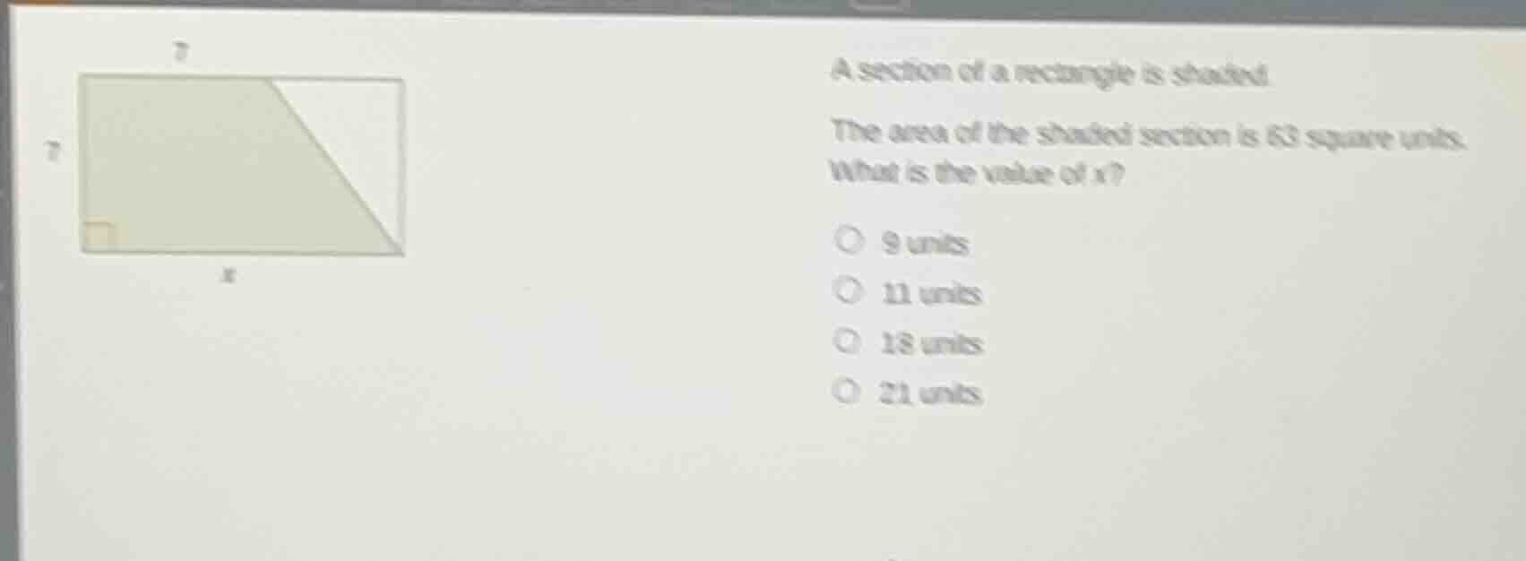 a section of a rectangle is shaded. the area of the shaded section is 6…