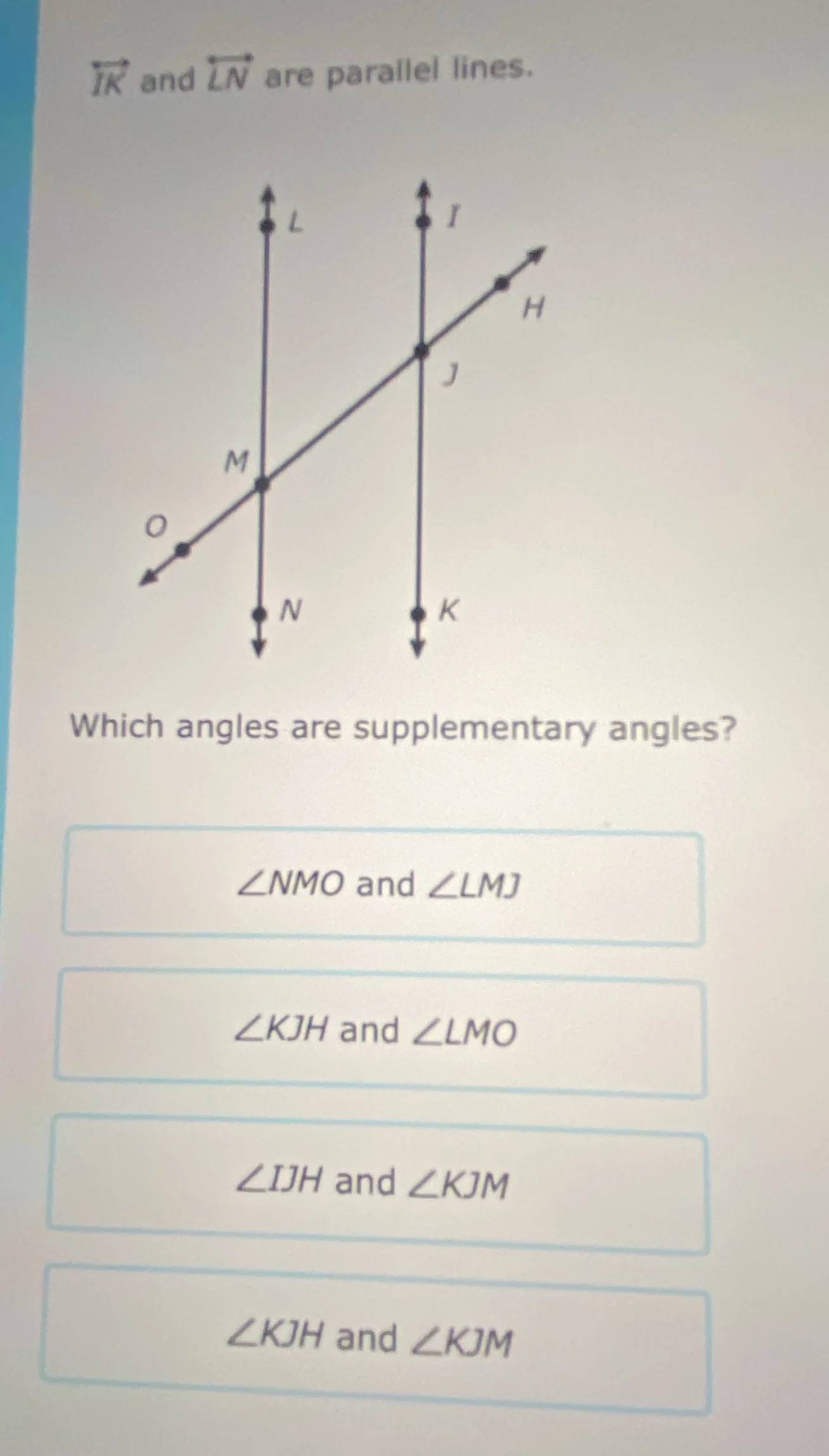 ir and ln are parallel lines. which angles are supplementary angles? ∠n…