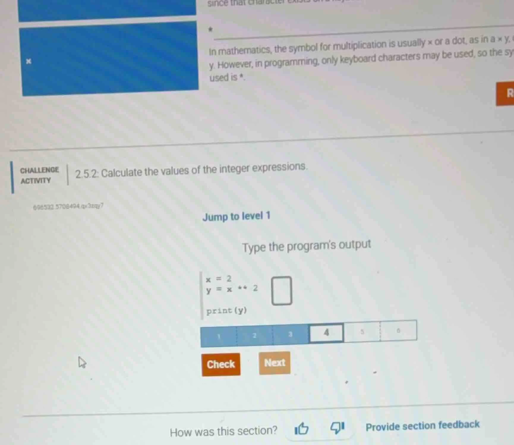 challenge activity 2.5.2: calculate the values of the integer expressio…