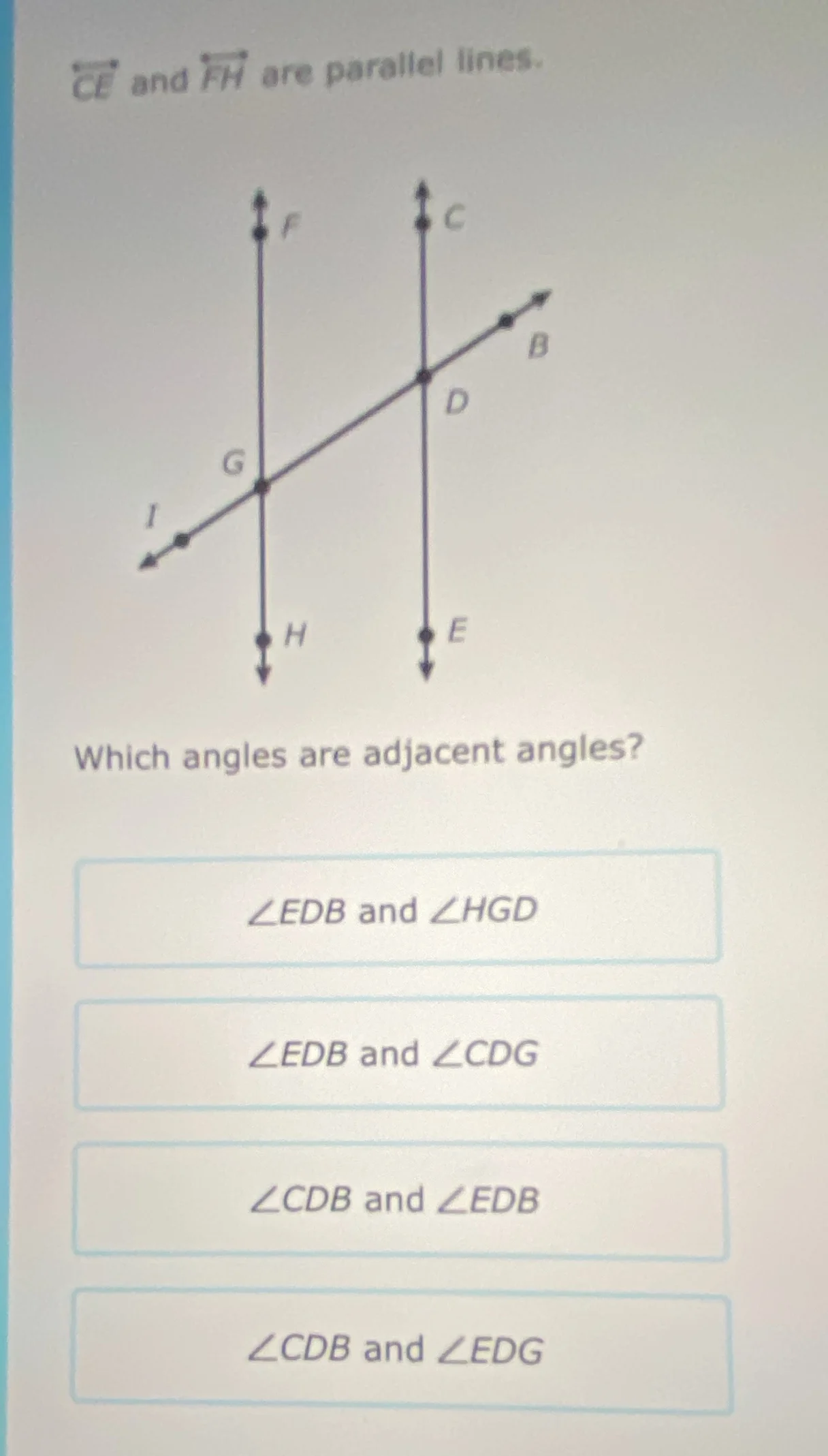 $\\overleftrightarrow{ce}$ and $\\overleftrightarrow{fh}$ are parallel …
