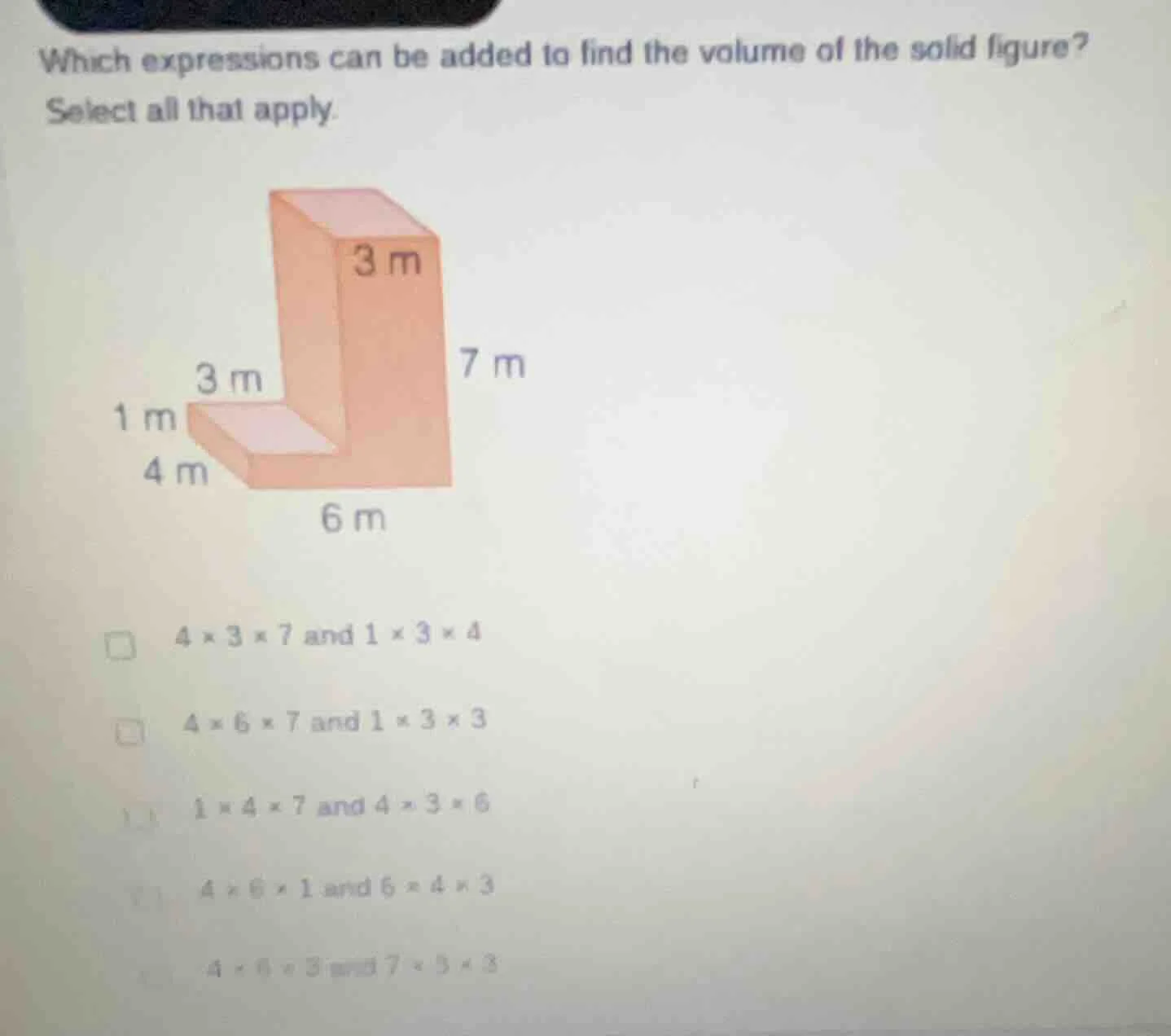 which expressions can be added to find the volume of the solid figure? …