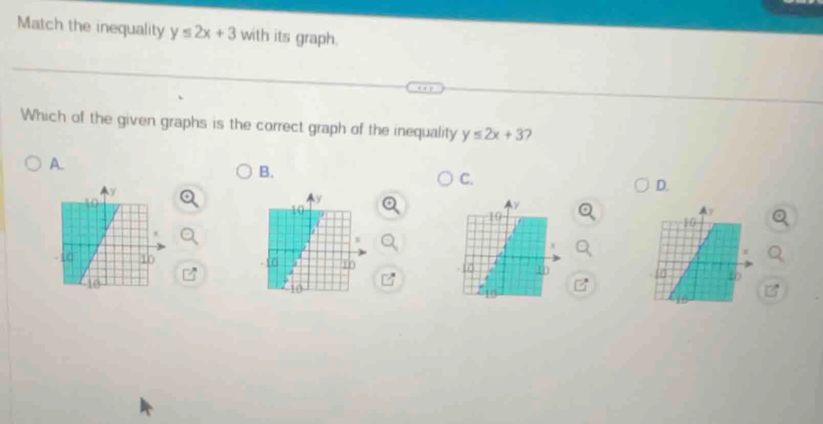 match the inequality $y \\leq 2x + 3$ with its graph. which of the give…