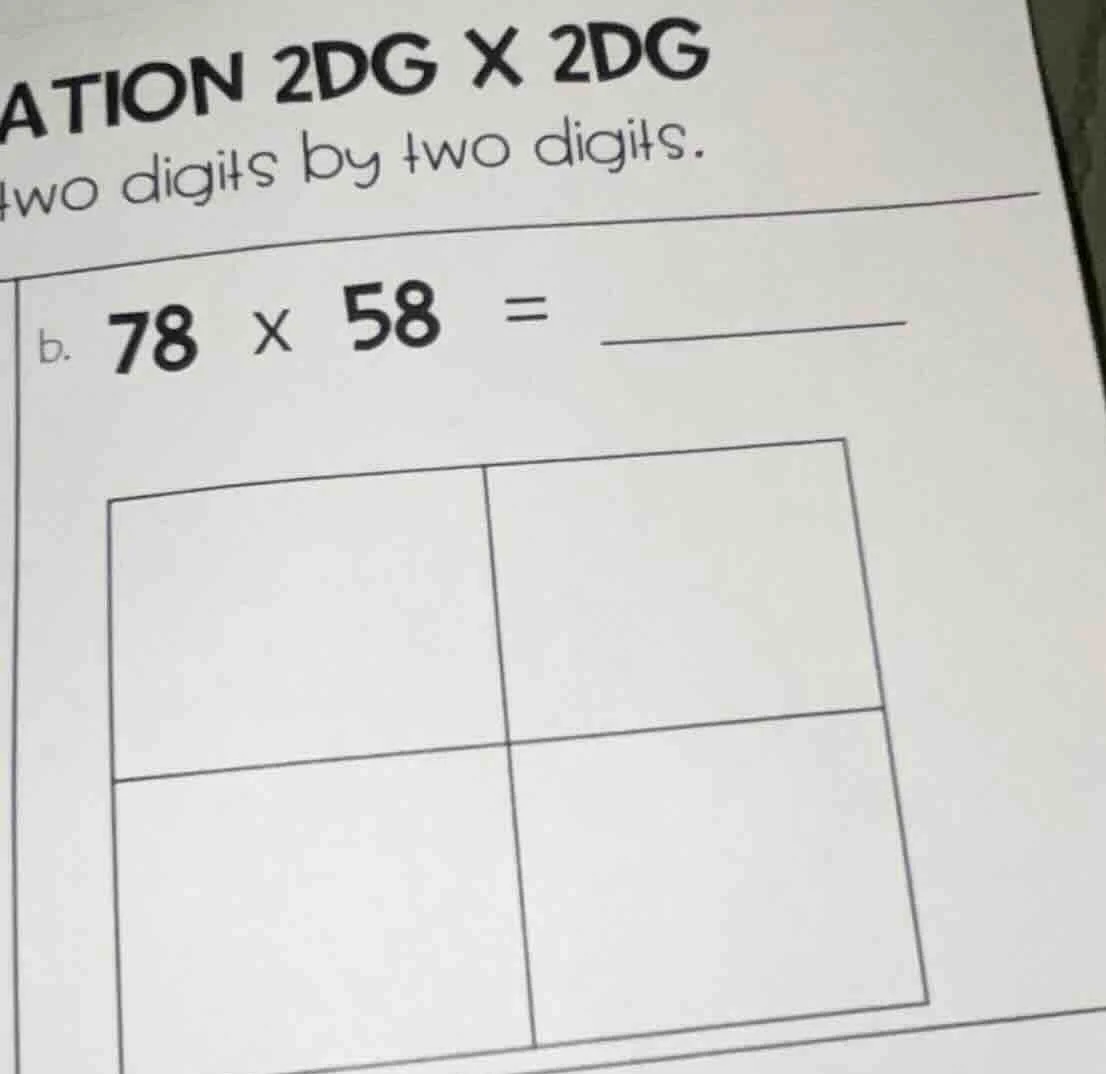 ation 2dg x 2dg two digits by two digits. b. 78 × 58 =