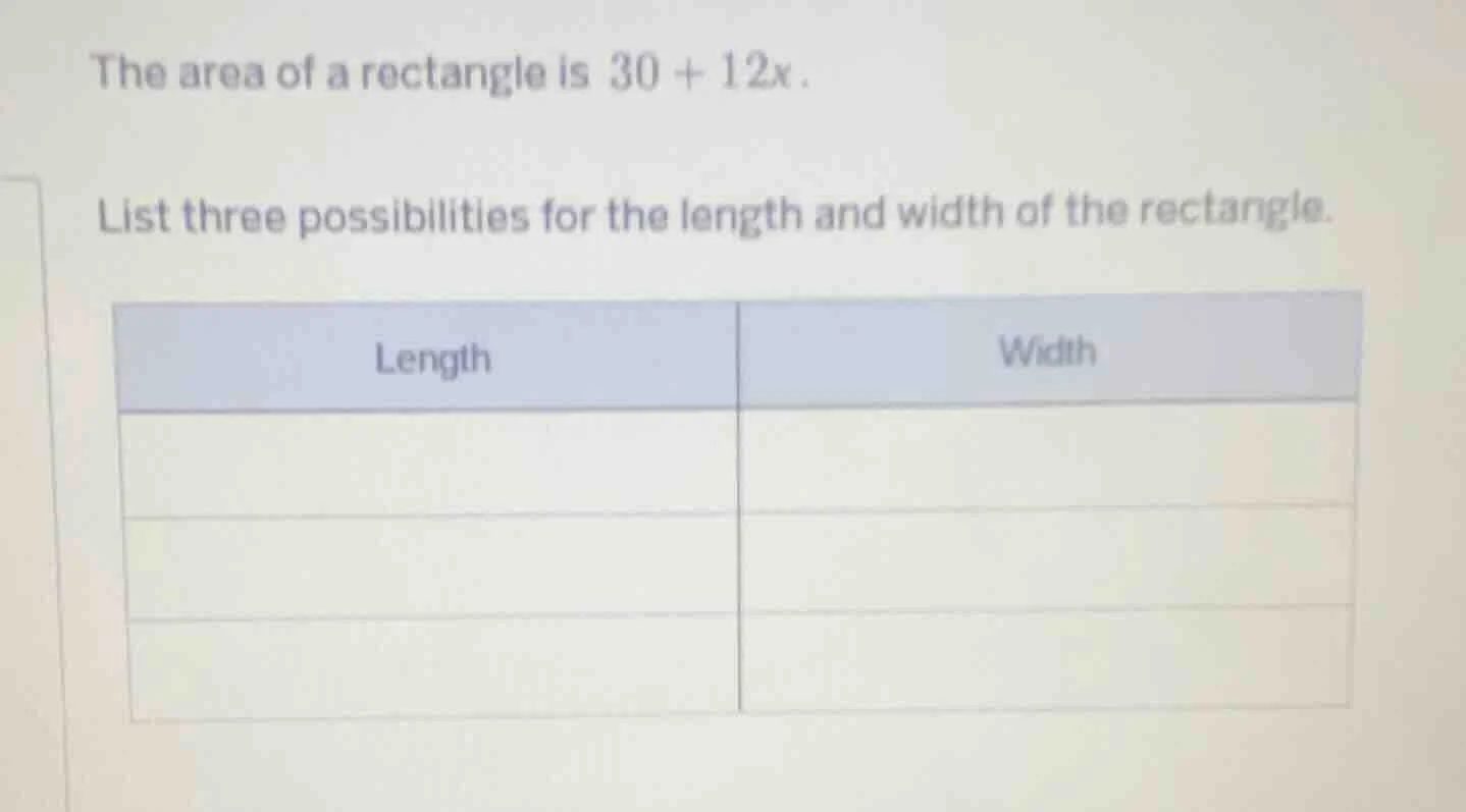the area of a rectangle is 30 + 12x. list three possibilities for the l…