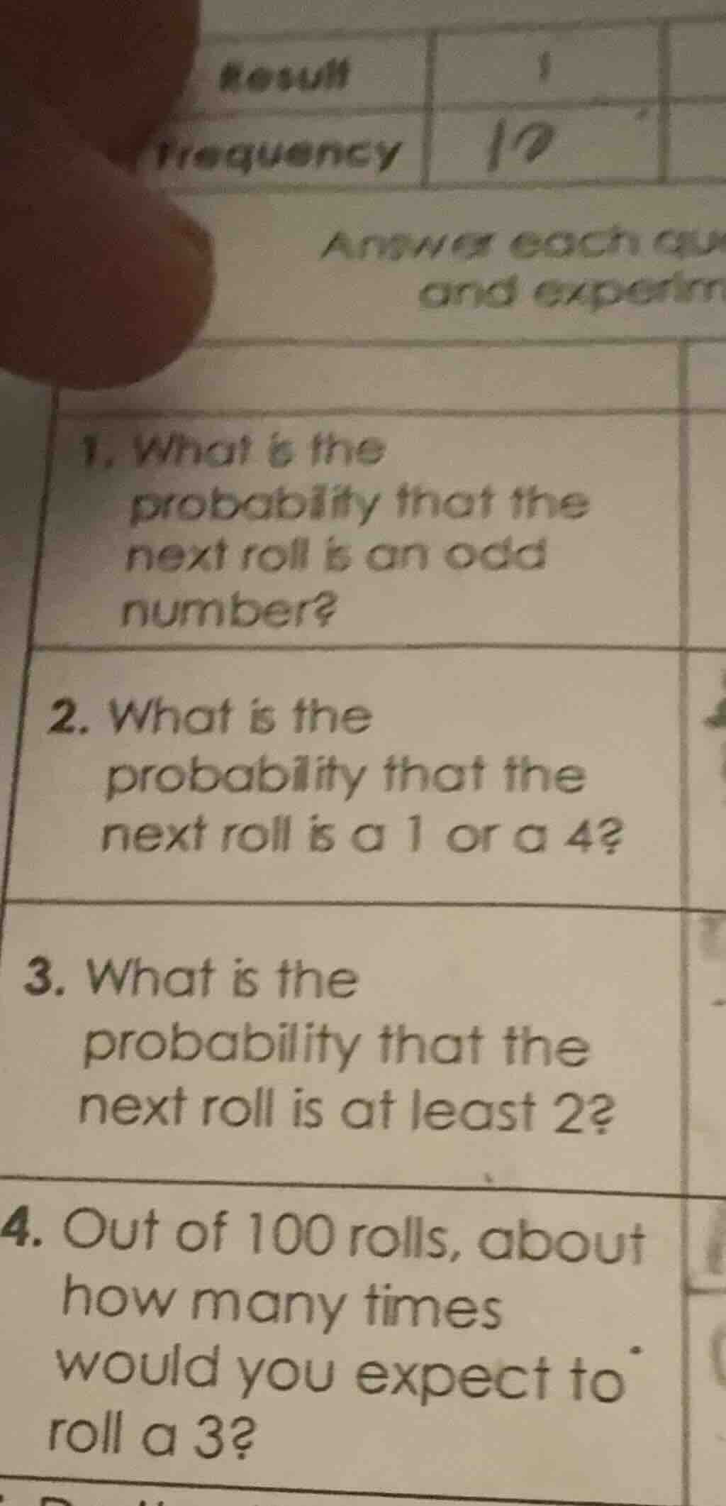 result 1 frequency 10 answer each qu and experim 1. what is the probabi…