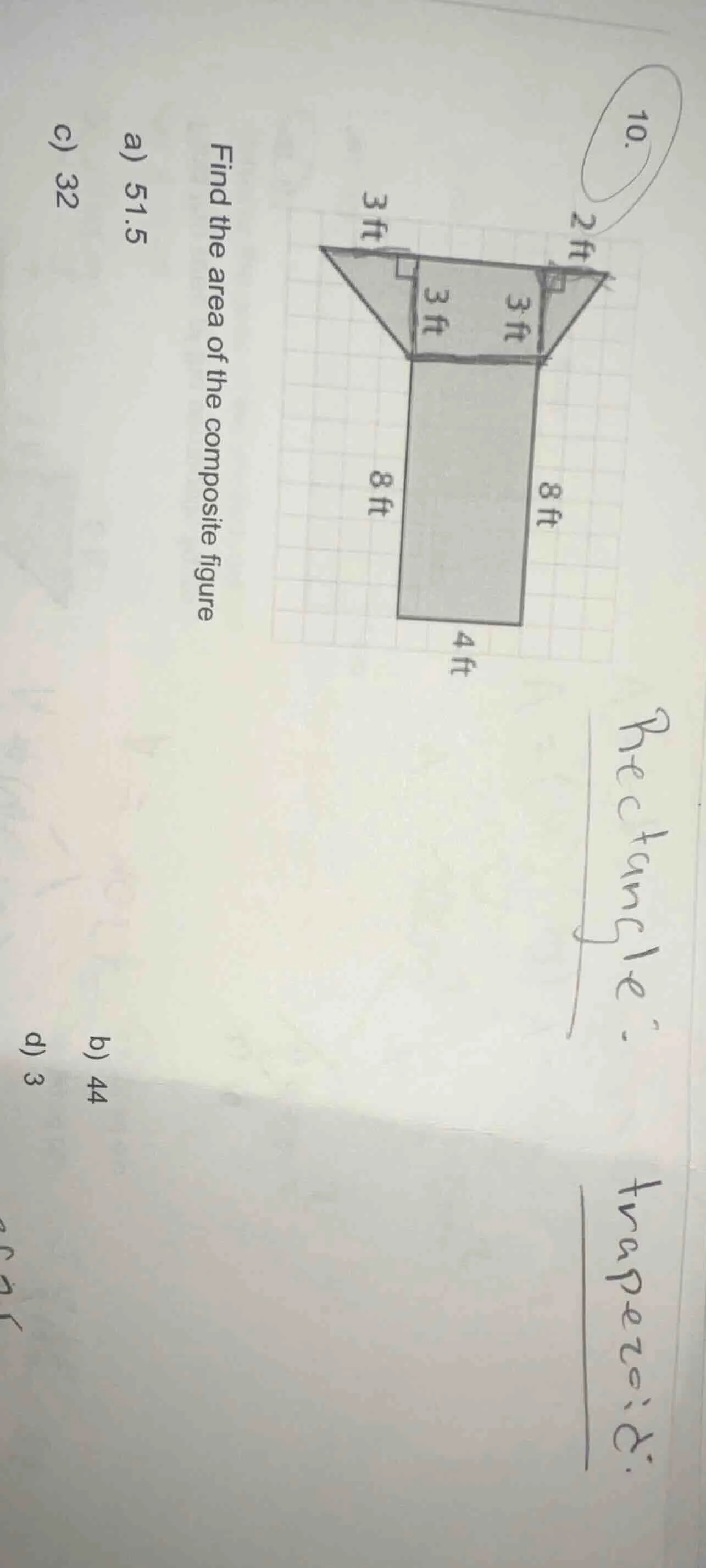 10. find the area of the composite figure a) 51.5 b) 44 c) 32 d) 3