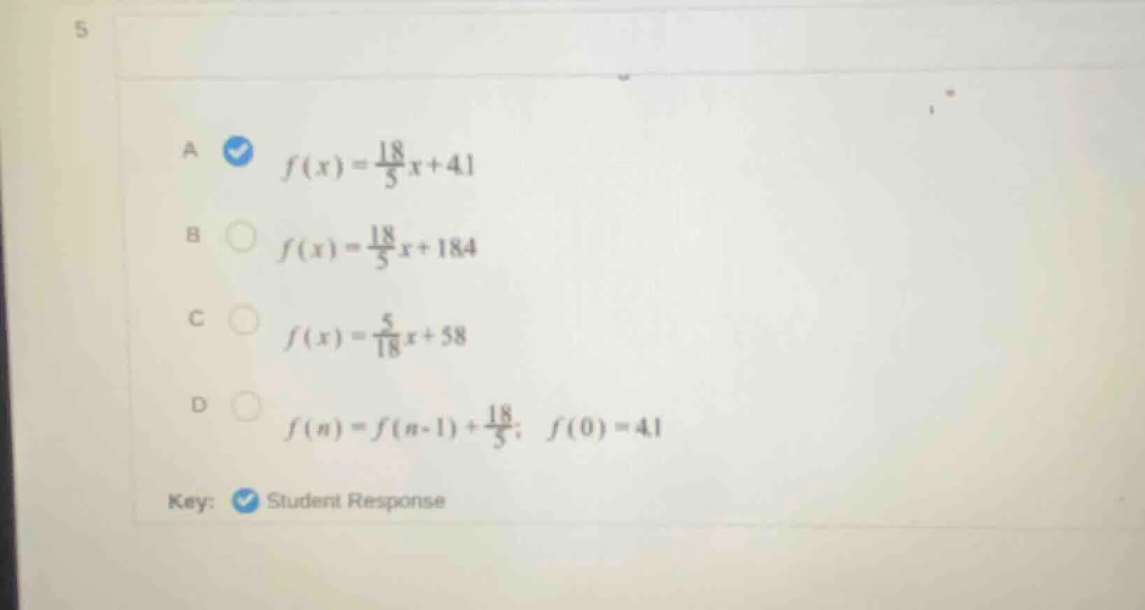 a $f(x)=\frac{18}{5}x + 41$ b $f(x)=\frac{18}{5}x + 184$ c $f(x)=\frac{…