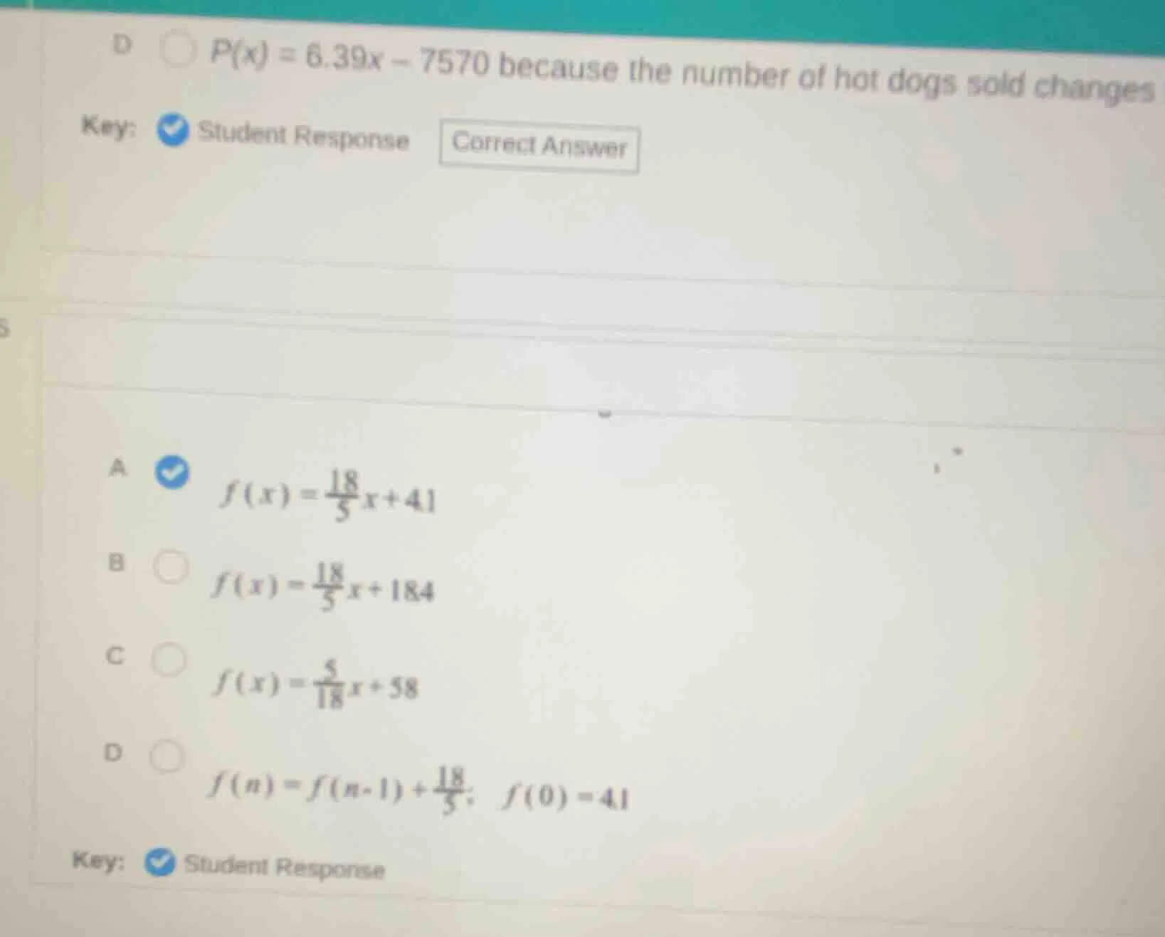 d $p(x) = 6.39x - 7570$ because the number of hot dogs sold changes key…