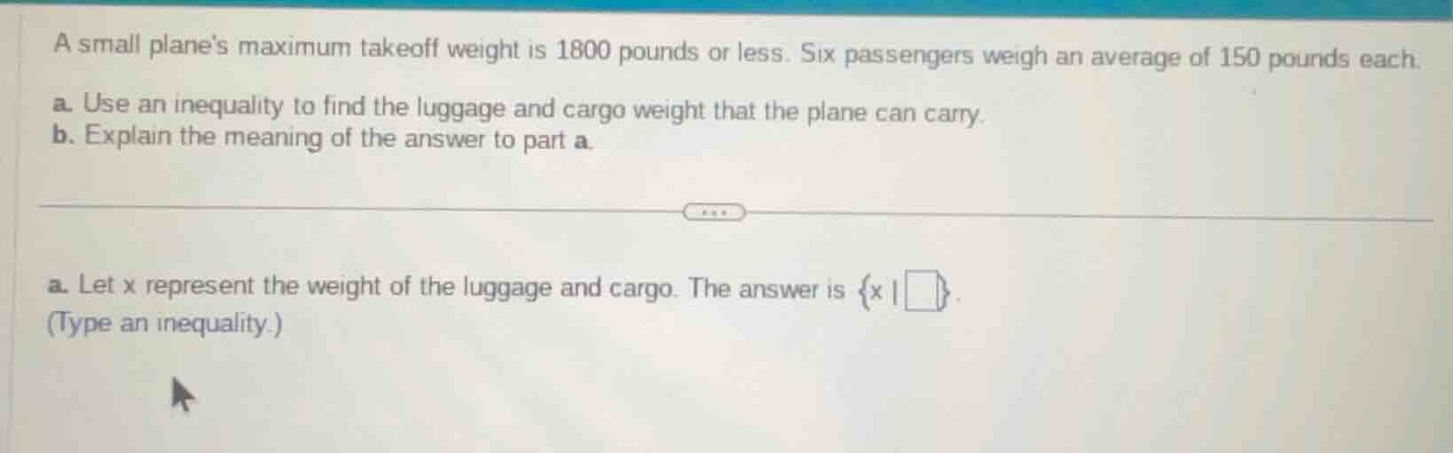 a small plane’s maximum takeoff weight is 1800 pounds or less. six pass…